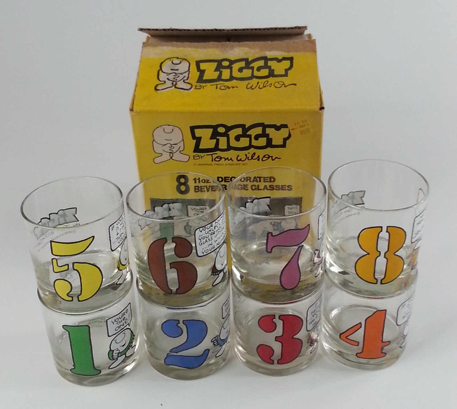 1977 Vintage 8 Piece ZIGGY Federal Glassware Set Original Box Numbers