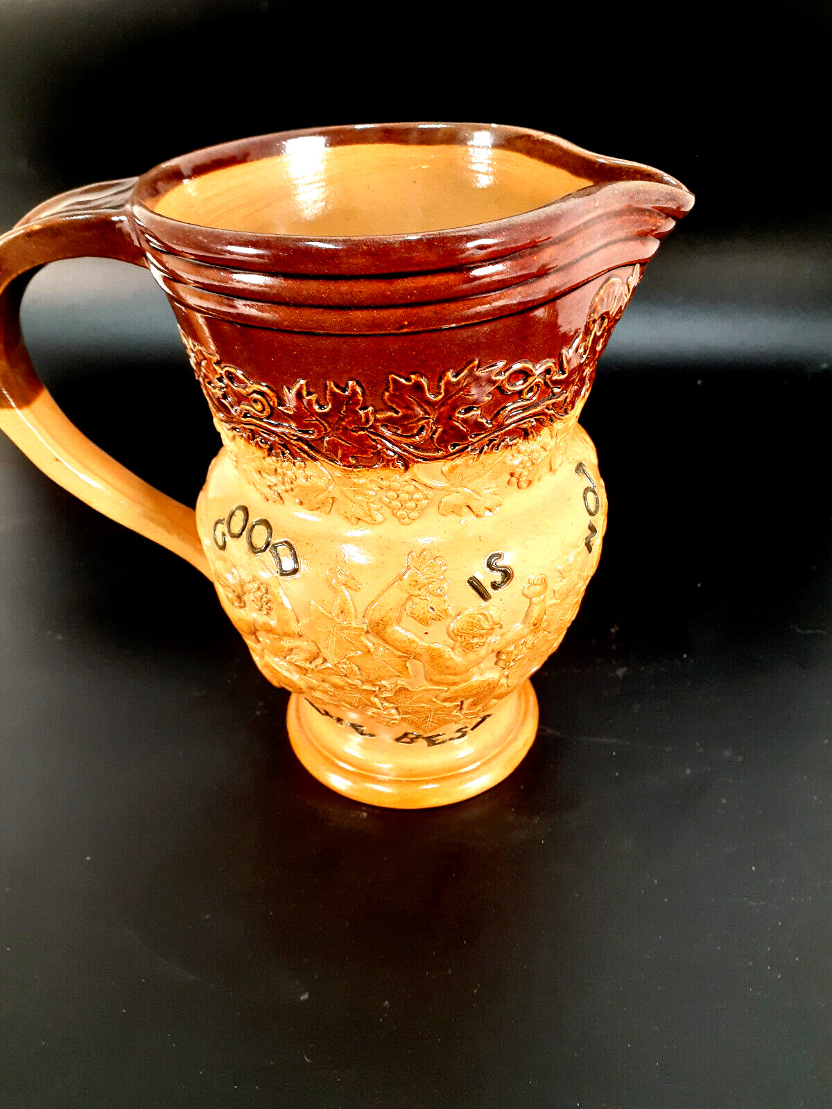 Antique Royal Doulton Lambeth Bacchus Motto Pitcher, Circa 1900, 7.5\