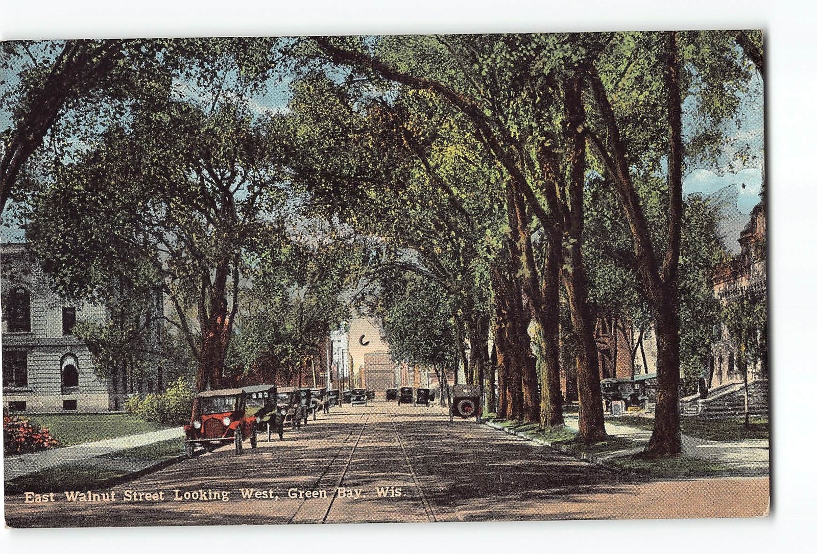 Green Bay WI Postcard 1907-1915 East Walnut Street Looking West Parked Autos