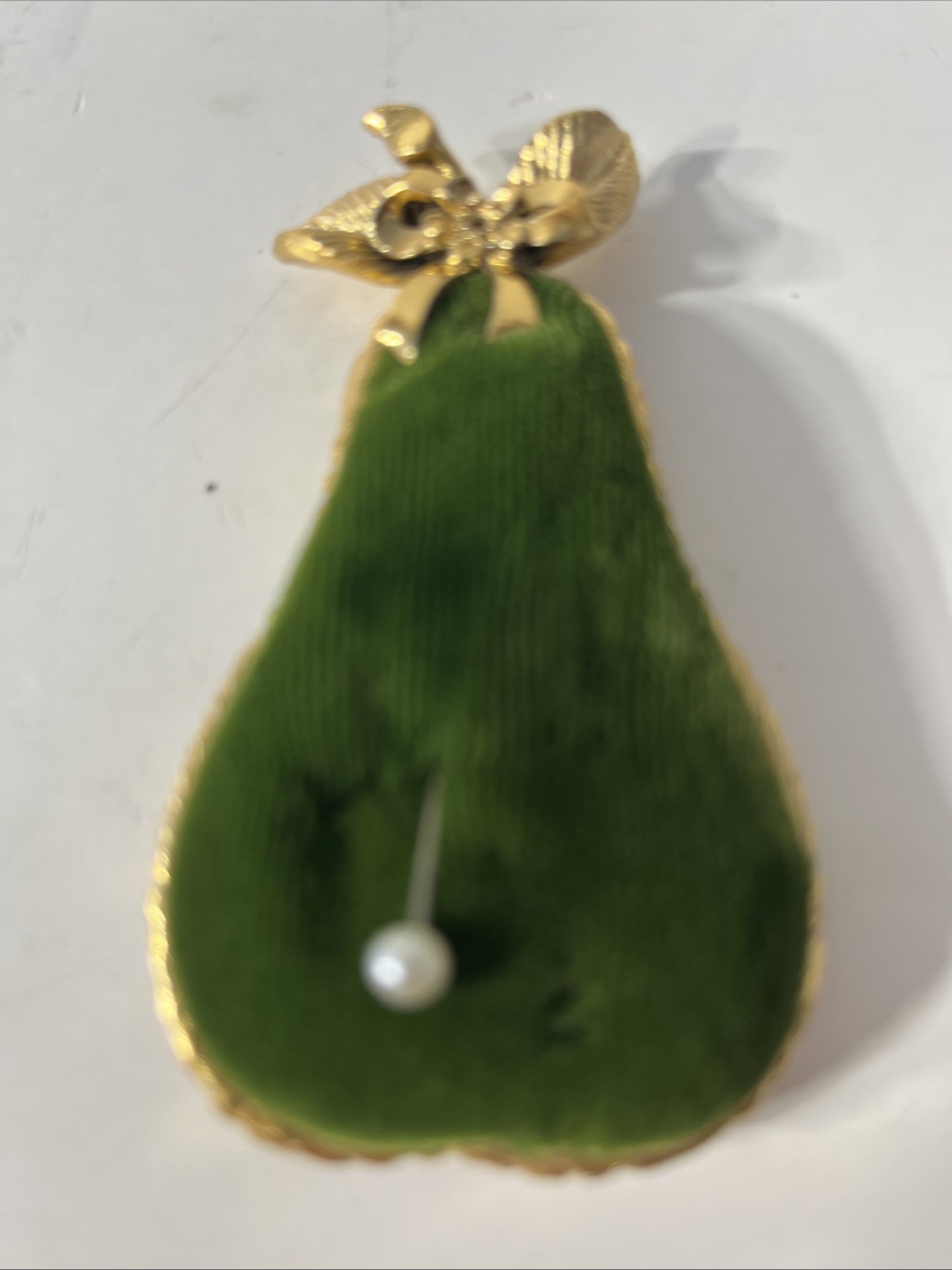 RARE Vintage 50's Green Toned Metal Pear Velvet Sewing Pin Cushion Art deco
