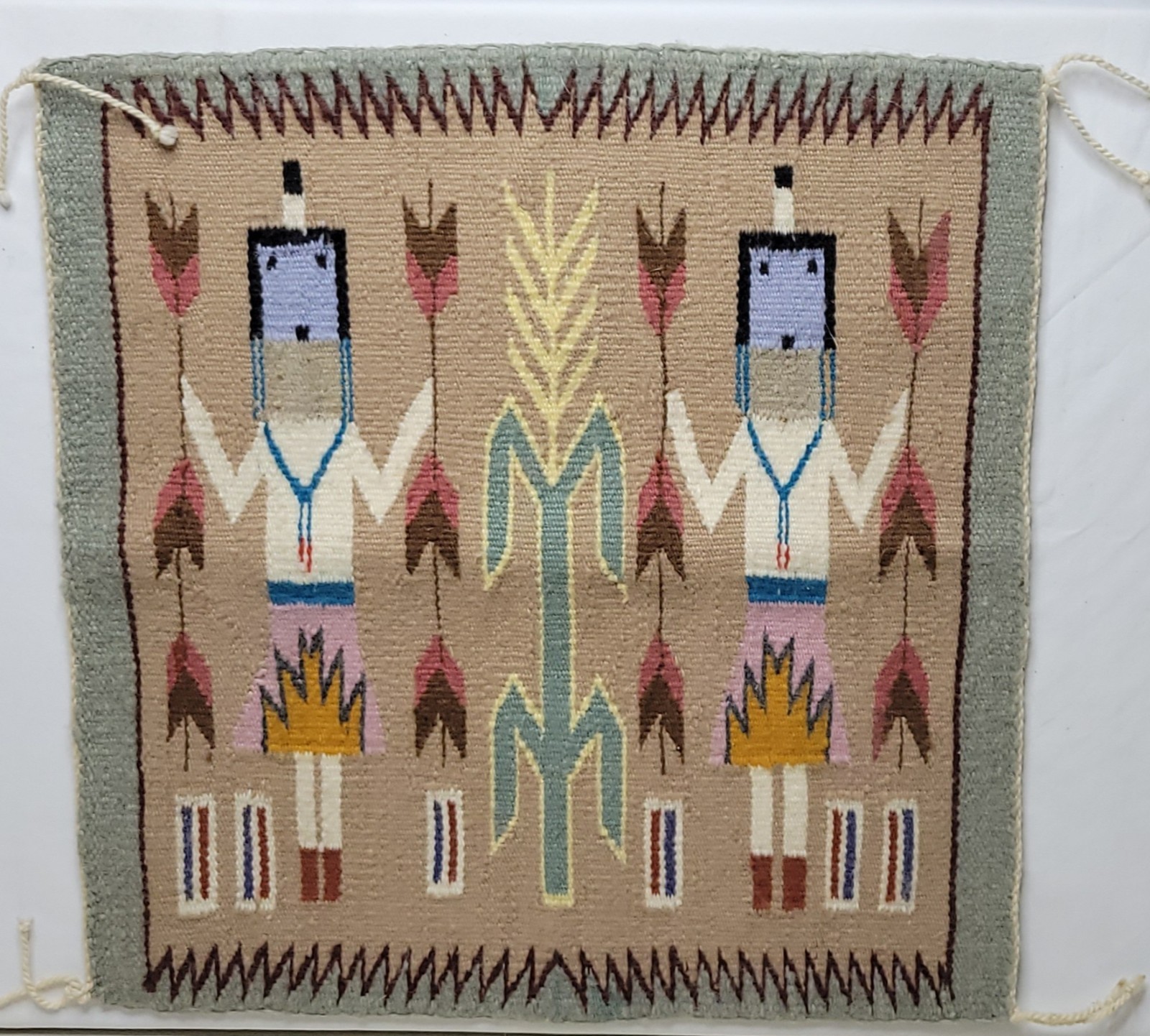 Vintage Southwestern Yei Style Pictorial Woven Textile Wall Hanging 17 in x 17in