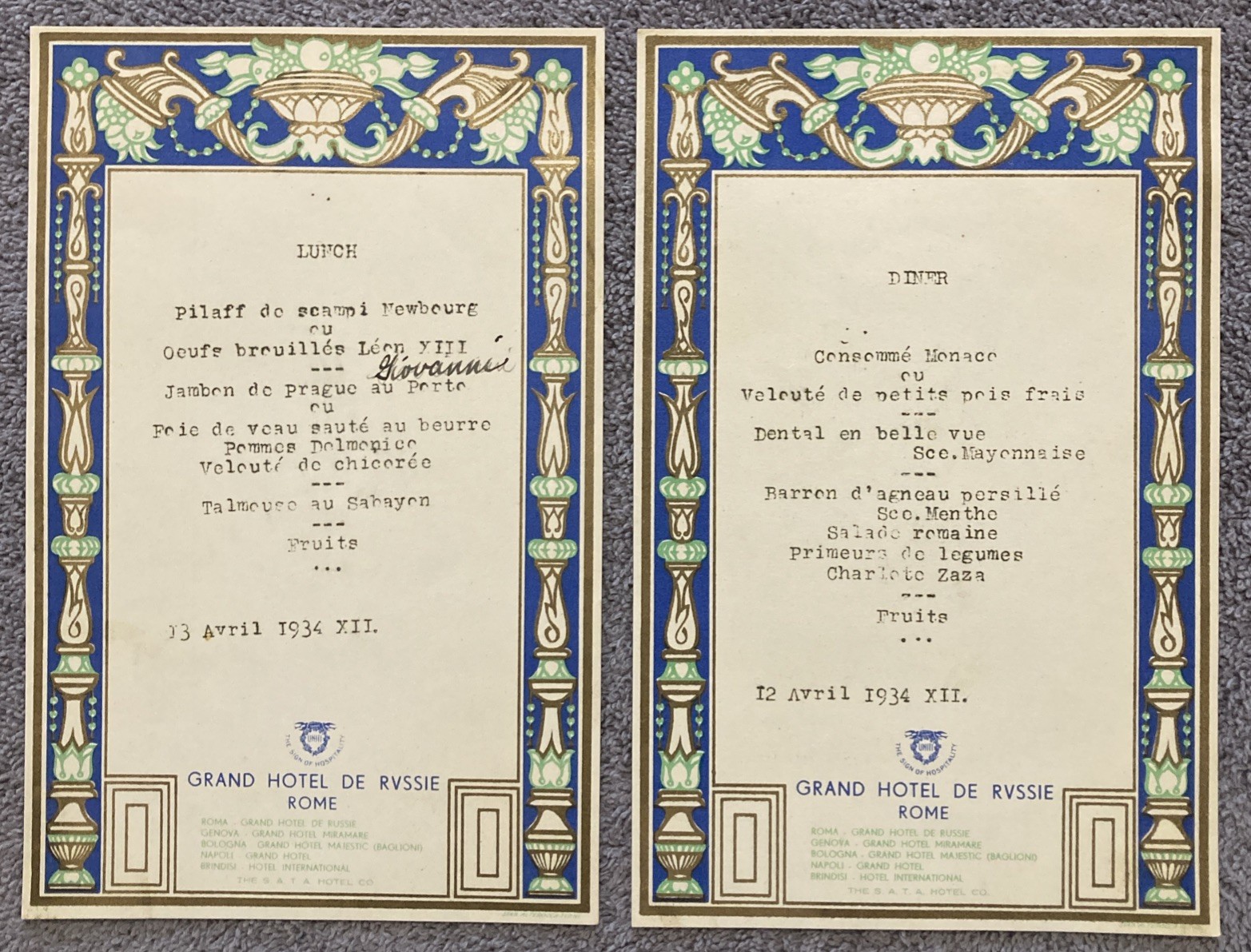1934 Grand Hotel De Russie Rome Italy Menu Pair Fascist Era XII  Lunch + Dinner