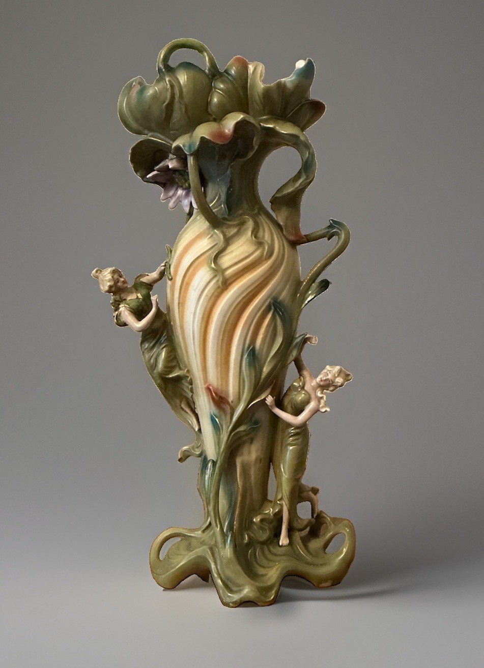 Antique Art Nouveau Porcelain Ceramic Nymph Lotus Flower Vase Figural 16” Tall Antique Art Nouveau Porcelain Ceramic Nymph Lotus Flower Vase Figural 16” Tall