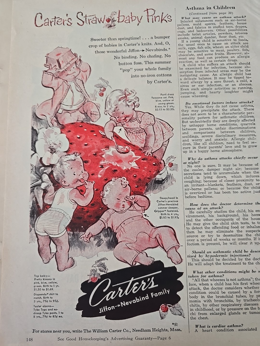 1950s Carter\'s Strawberry pink girls boys shirts tops Pjs Tyke Pants vintage ad