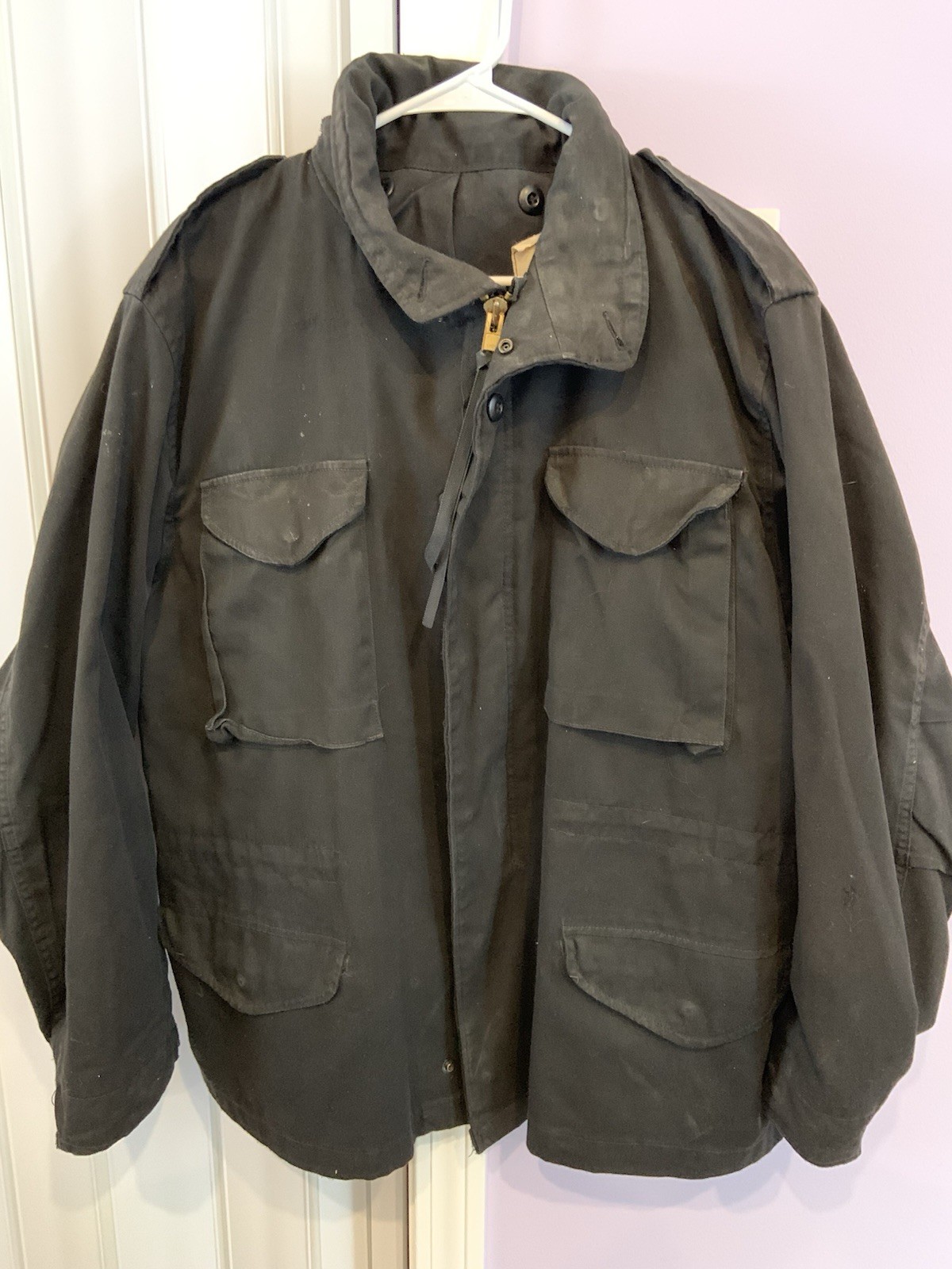Vtg US Military M65 Field Jacket W/Hidden Hood Black Sz L Golden Mfg