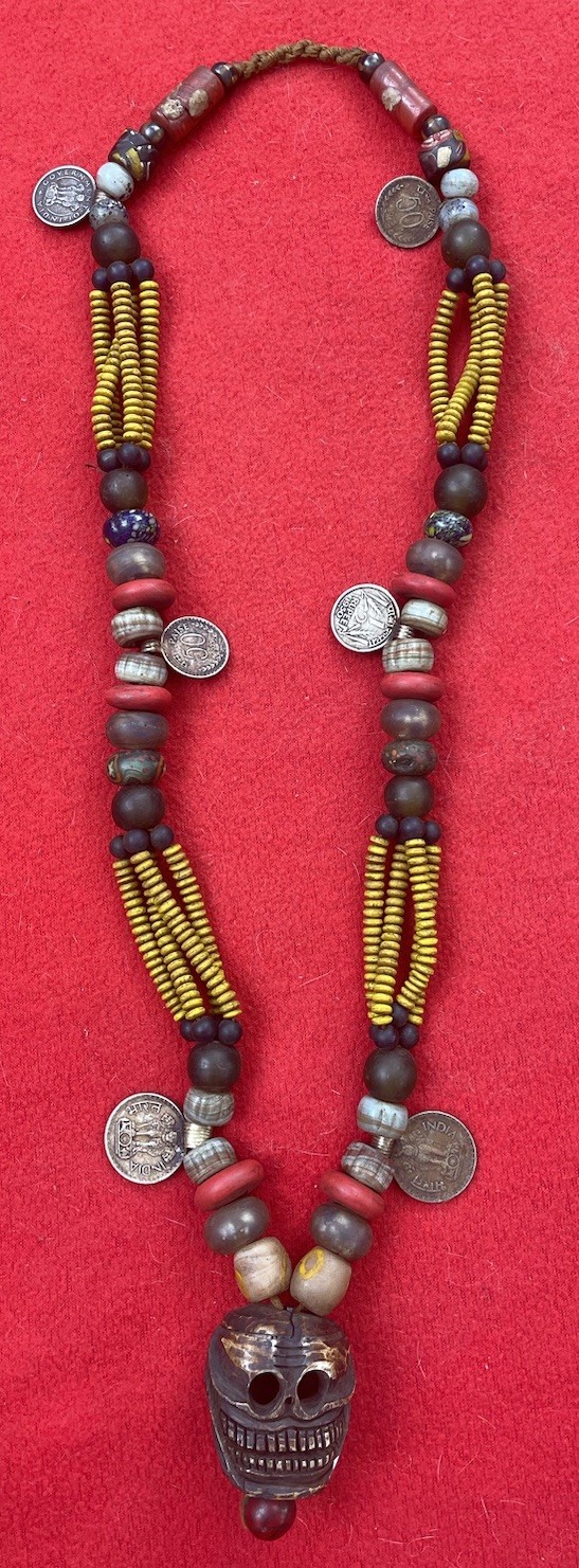 Naga Headhunter Vintage Carved Skull ~ Coin And Bead Medicine Necklace