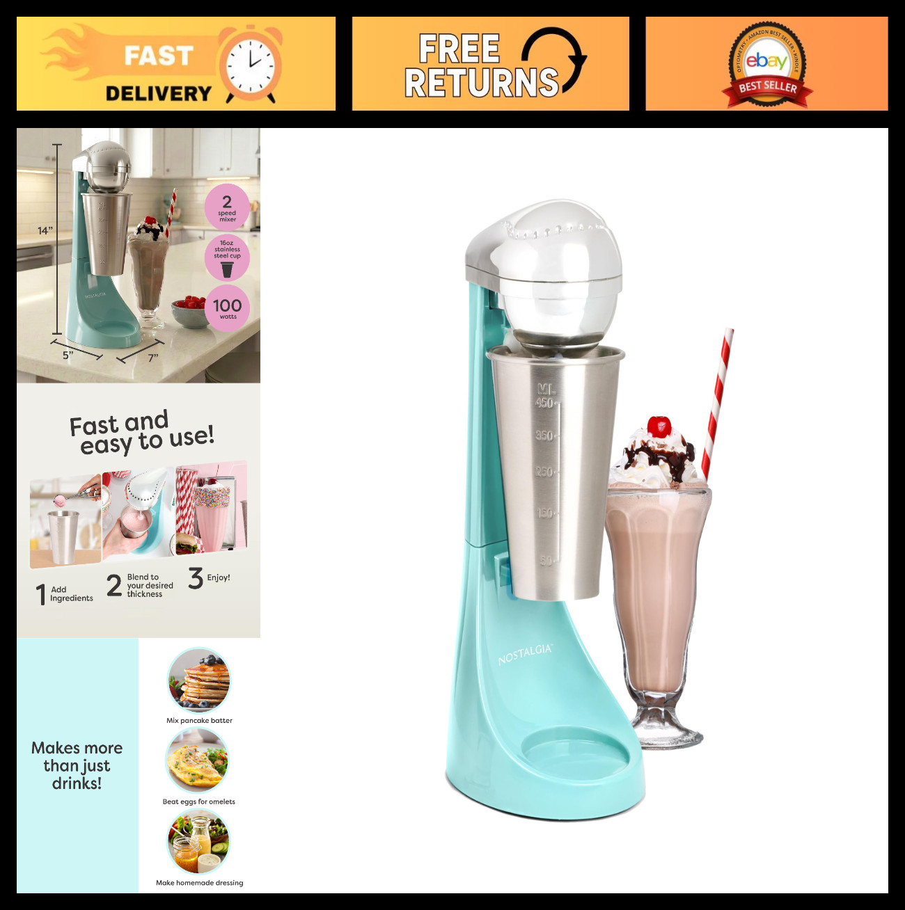 Electric Milkshake Maker & Drink Mixer - 2-Speed, 16oz Stainless Steel Cup, Aqua