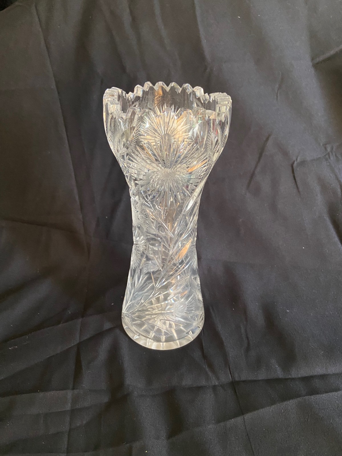 Cut Crystal Vase - American Brilliant Design Sawtooth Rim - Clear Pressed Glass