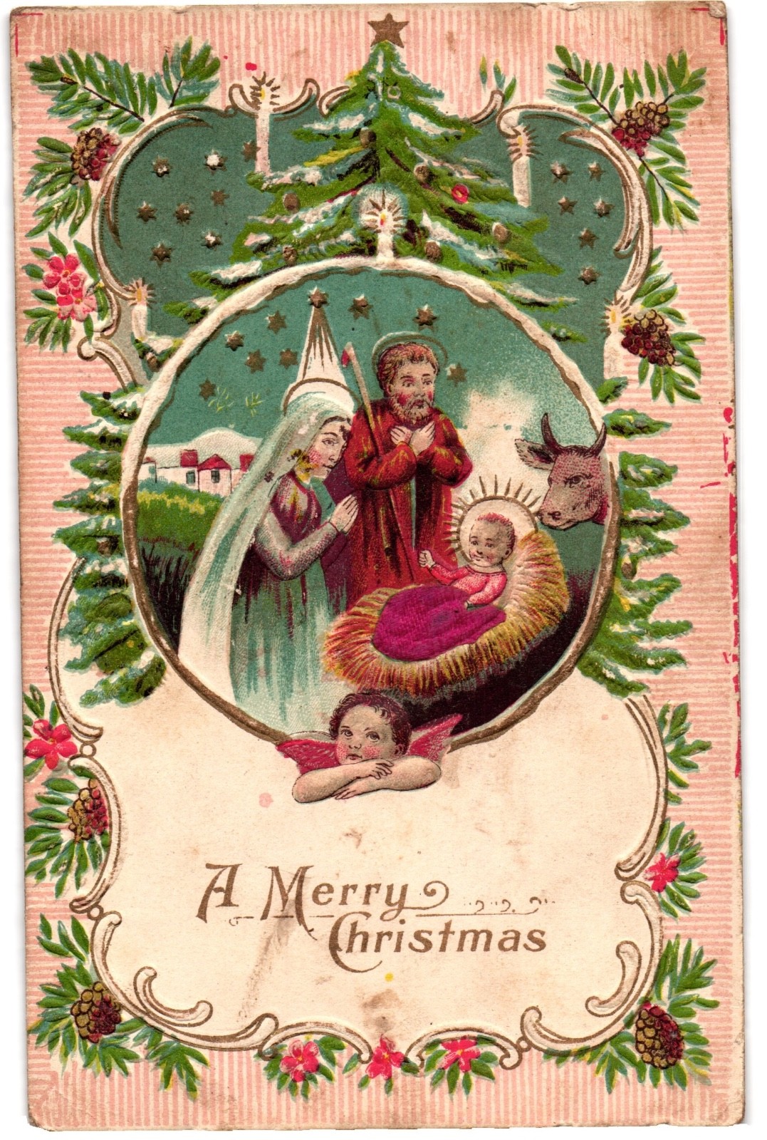 Vtg 1907 Merry Christmas Nativity Holy Family Embrossed Postcard Used KY