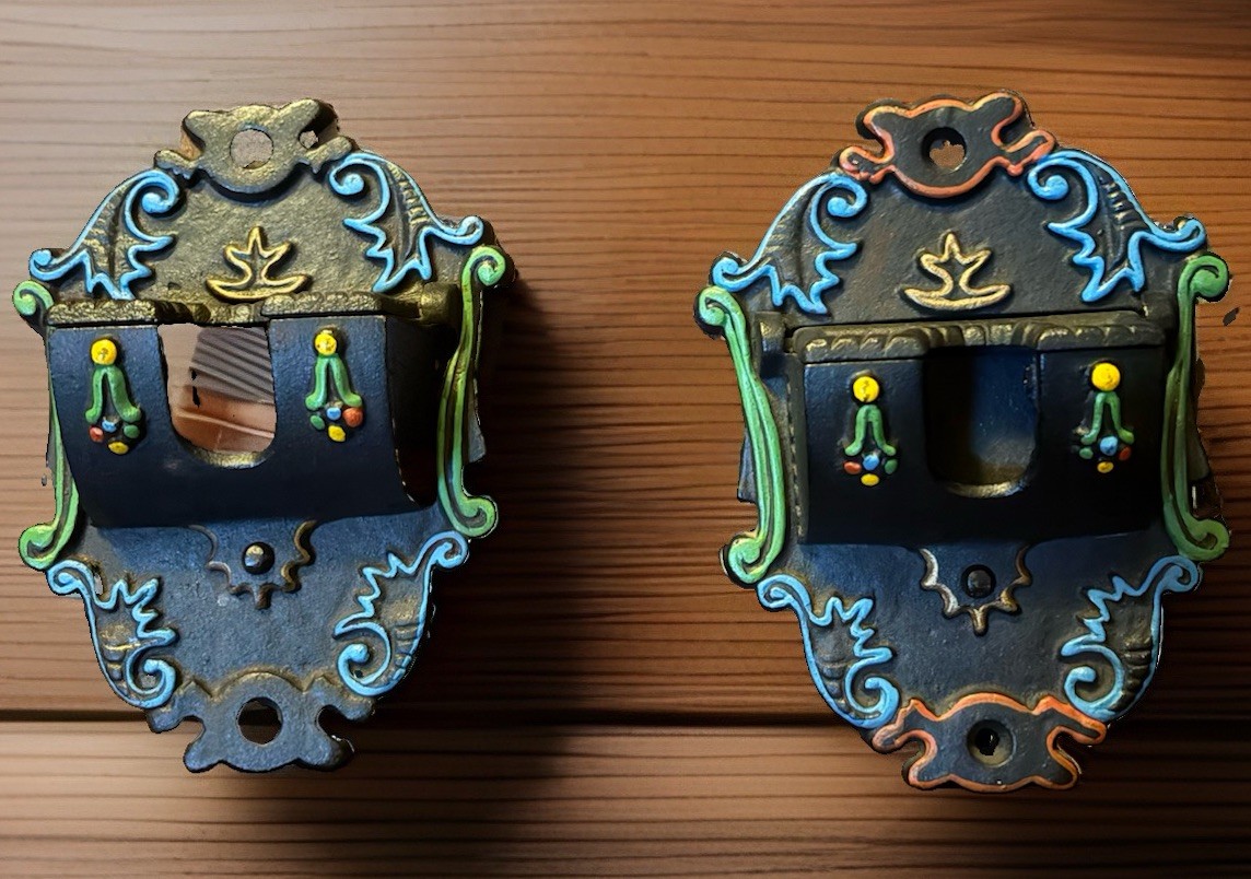 Pair of Vintage Ornate Wall Mount Metal Match Holders w/ Backplates Blue Green