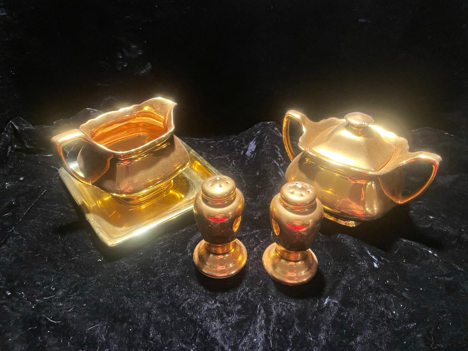 Vintage Dorlexa 22K Gold W.S. George Lido China Sugar Creamer Salt Pepper Set