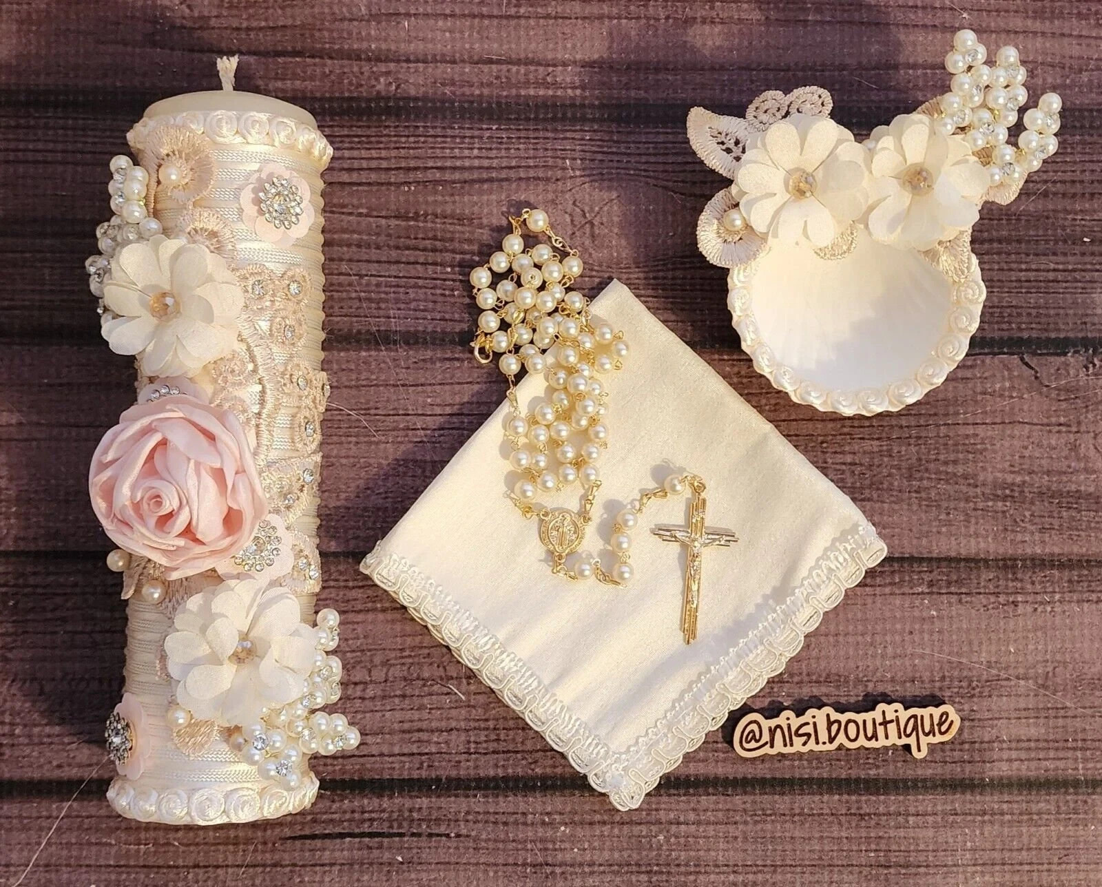 Beautiful 4 Pcs Baptism Candle Set Ivory Pink Baptism Set, Baptism Candle Set