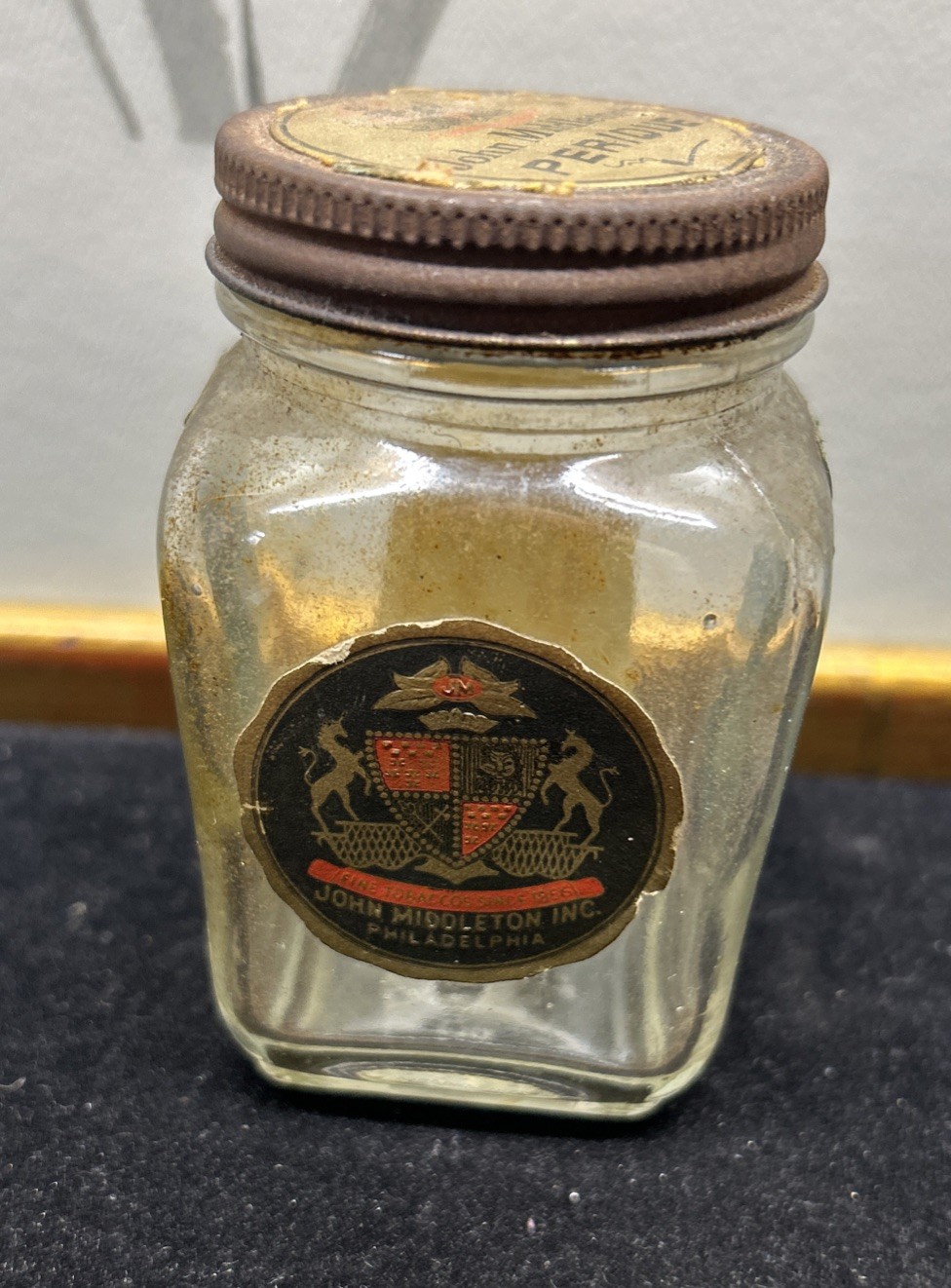 Vtg 1945 John Middleton Perique Blend Tobacco 2 Cent Tax Stamp Rare Glass Jar