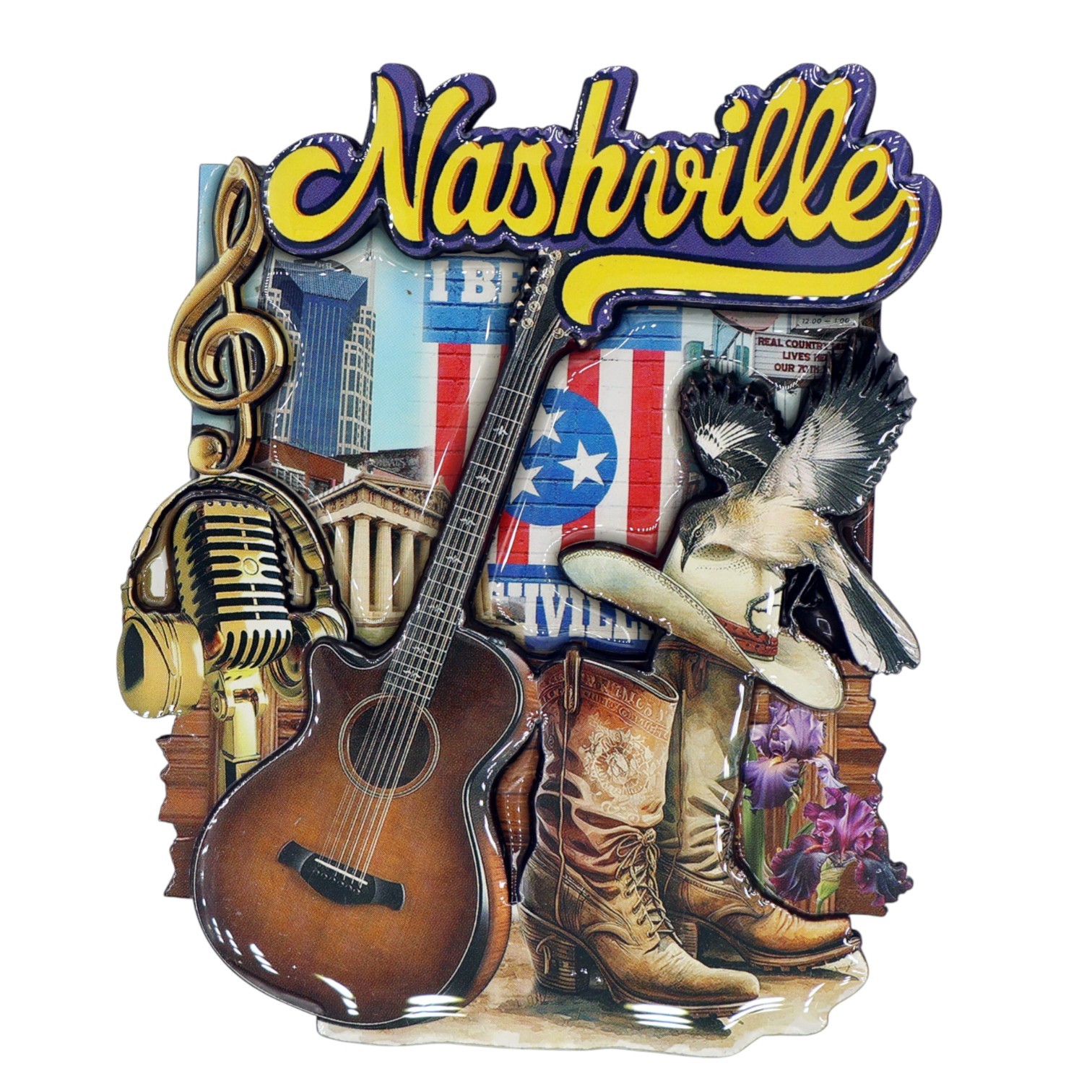 Nashville Tennessee Icons Wood Epoxy Magnet 3.5