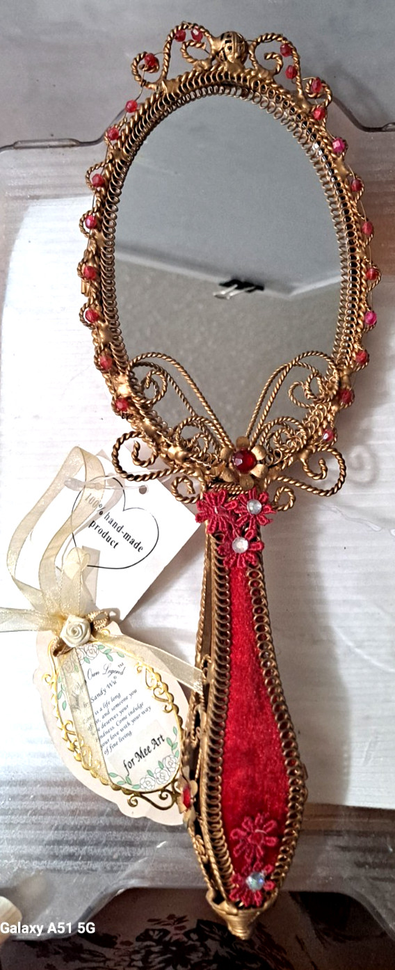 Vintage Velvet Hand Mirror Red Beaded Wire Filigree Handle Applique Flower Vintage Velvet Hand Mirror Red Beaded Wire Filigree Handle Applique Flower