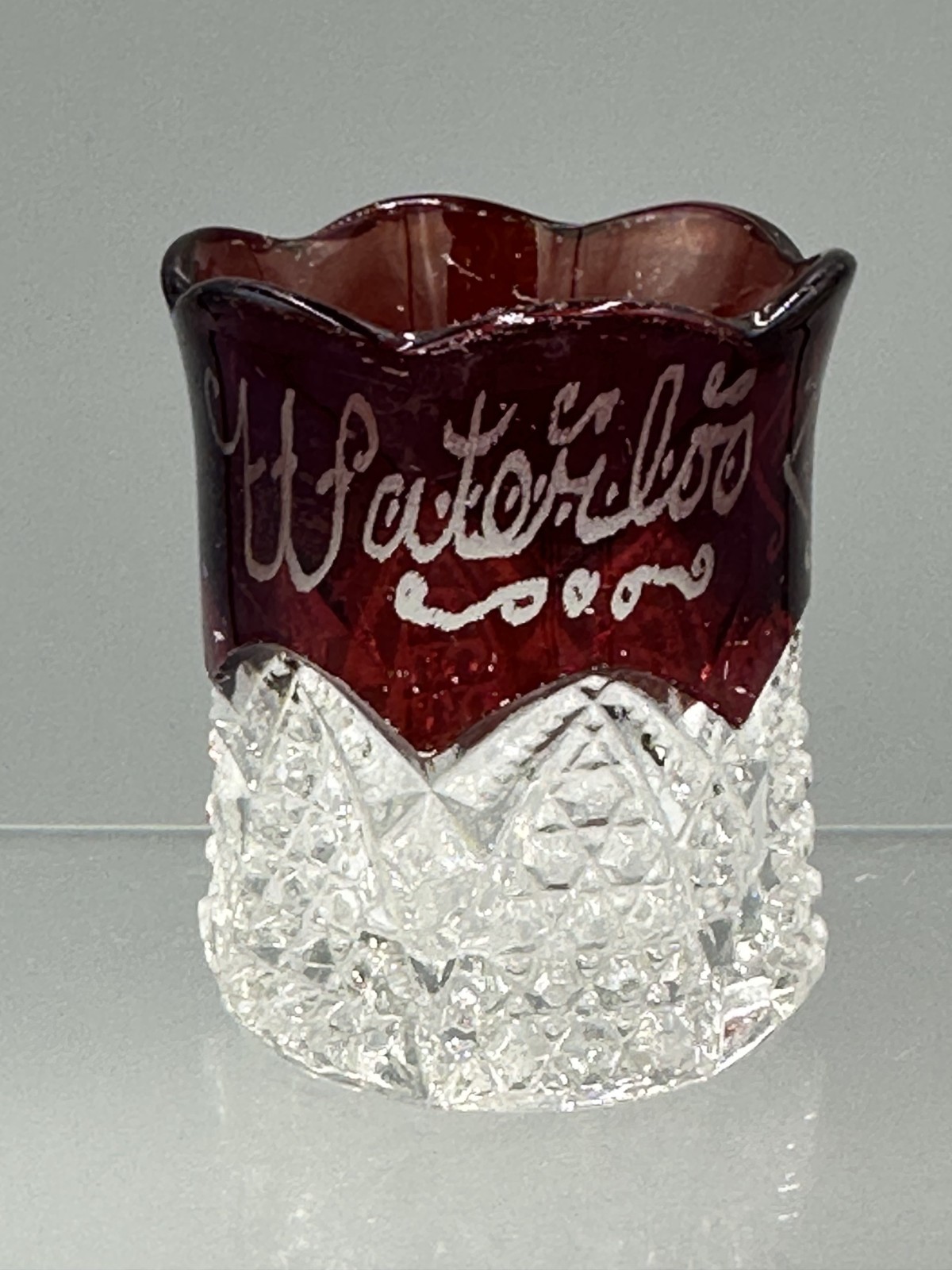 1931 WATERLOO IOWA Ruby Flashed Glass Toothpick Holder Souvenir Vintage