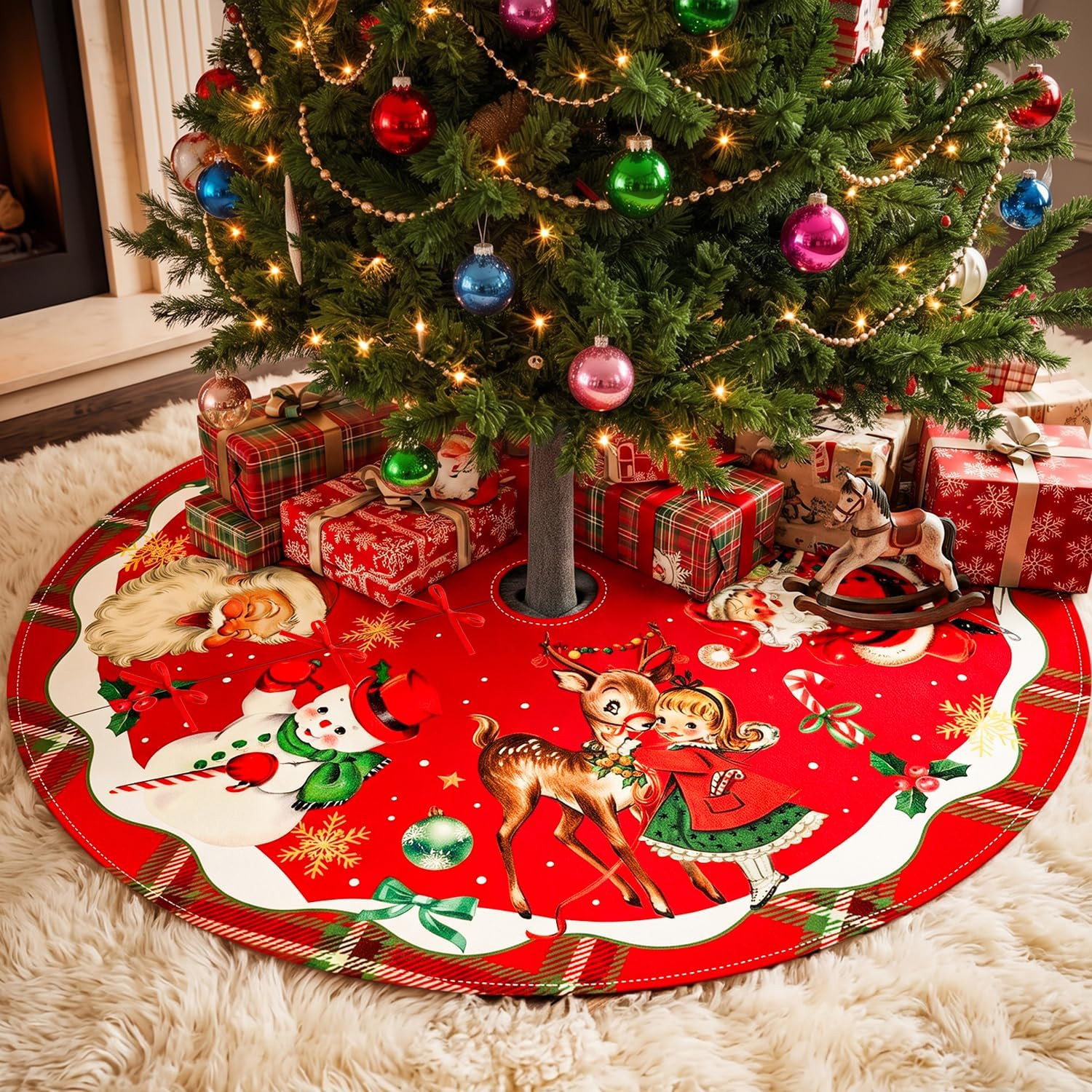48-inch Vintage Christmas Tree Skirt Retro Santa Snowman Deer Red Holiday Decor 48-inch Vintage Christmas Tree Skirt Retro Santa Snowman Deer Red Holiday Decor