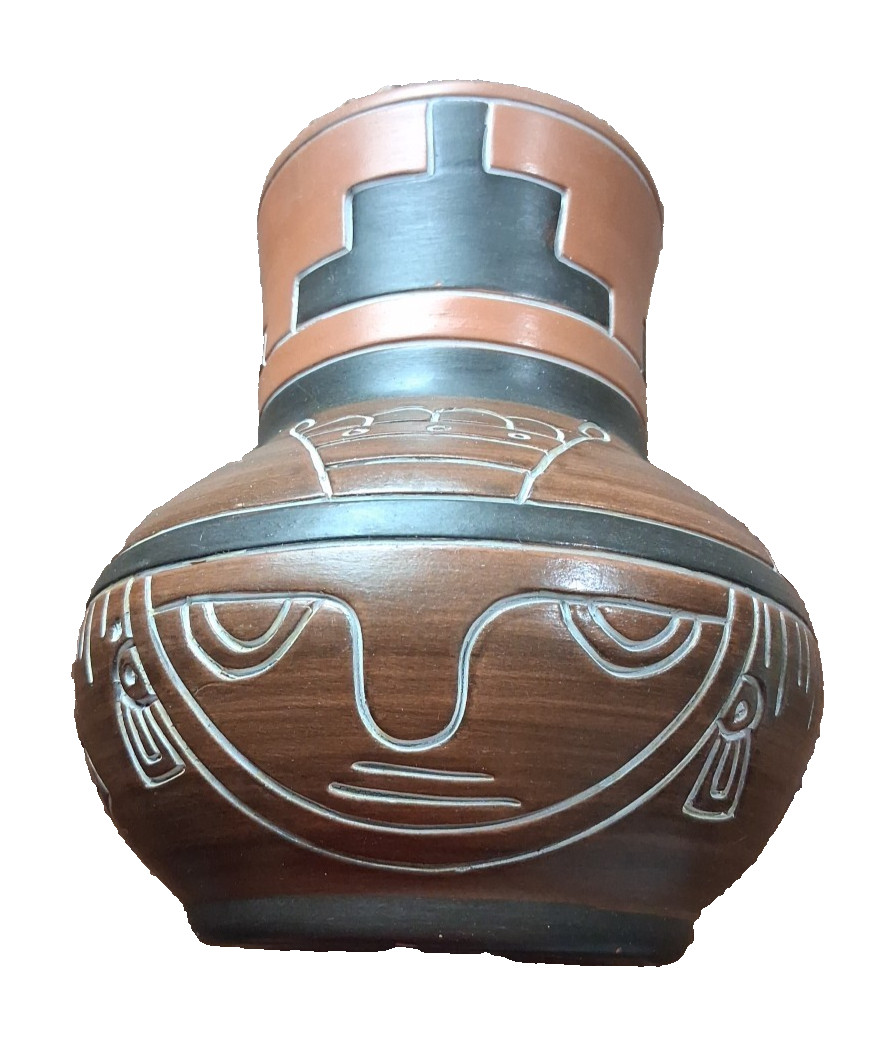 Armando De Mexico Terra Cota Pottery Vase Pot  Aztec Mayan Faces 8.5X7.5\