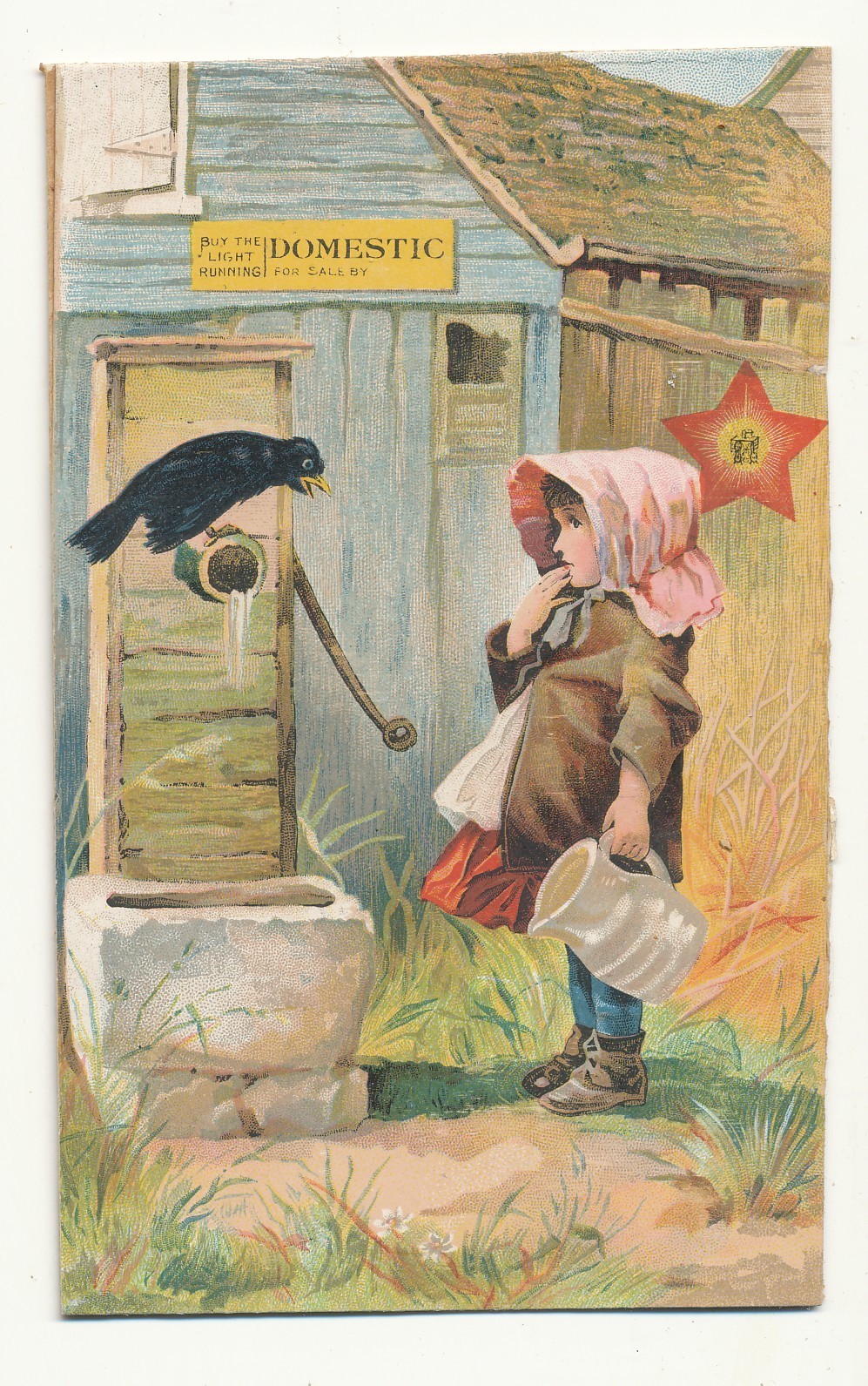 Antique Domestic Sewing Machine Trade Card Girl at Well with Crow c.1880s