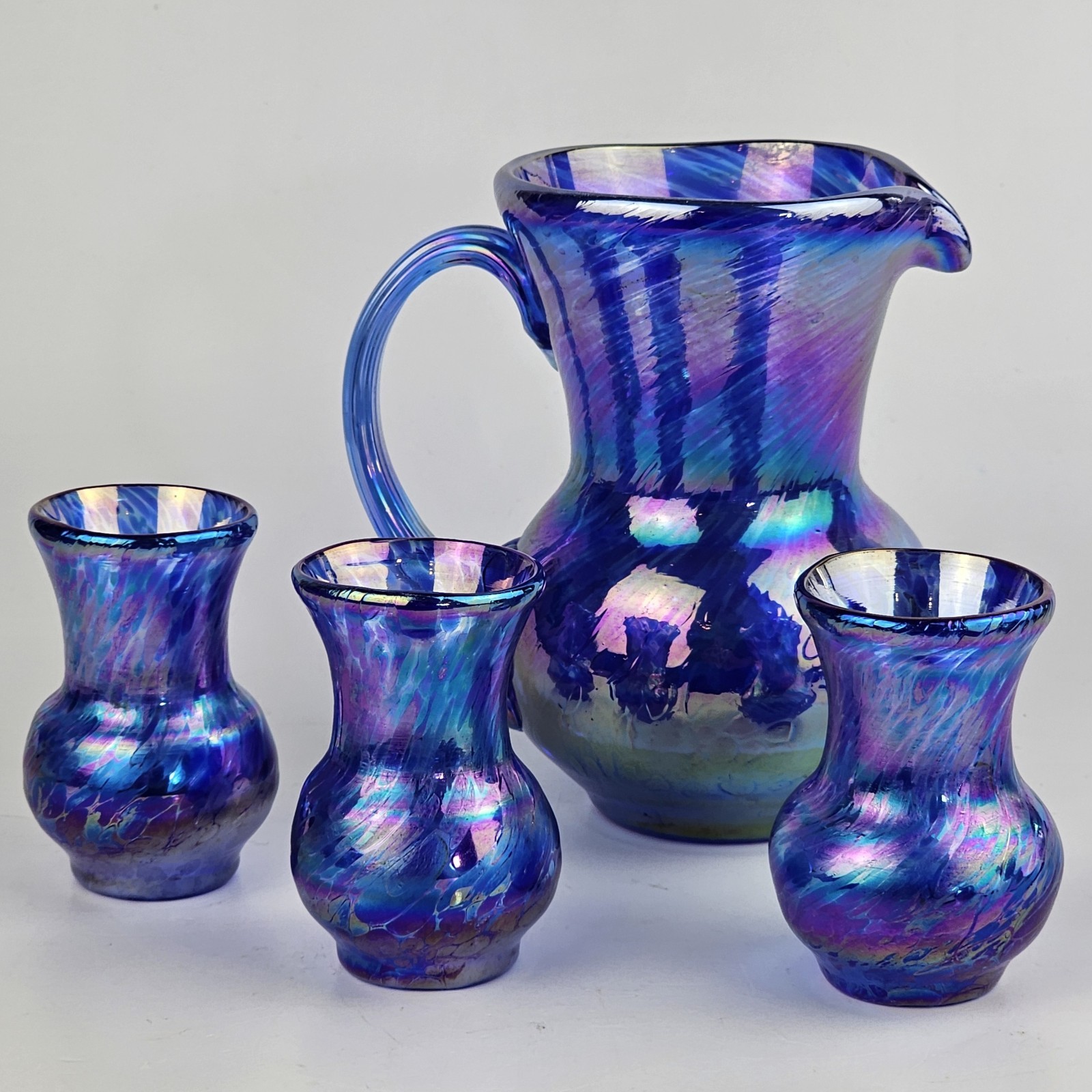 Vintage 1984 Hand Blown Levay Pitcher & Tumbler Iridescent Carnival Blue Glass