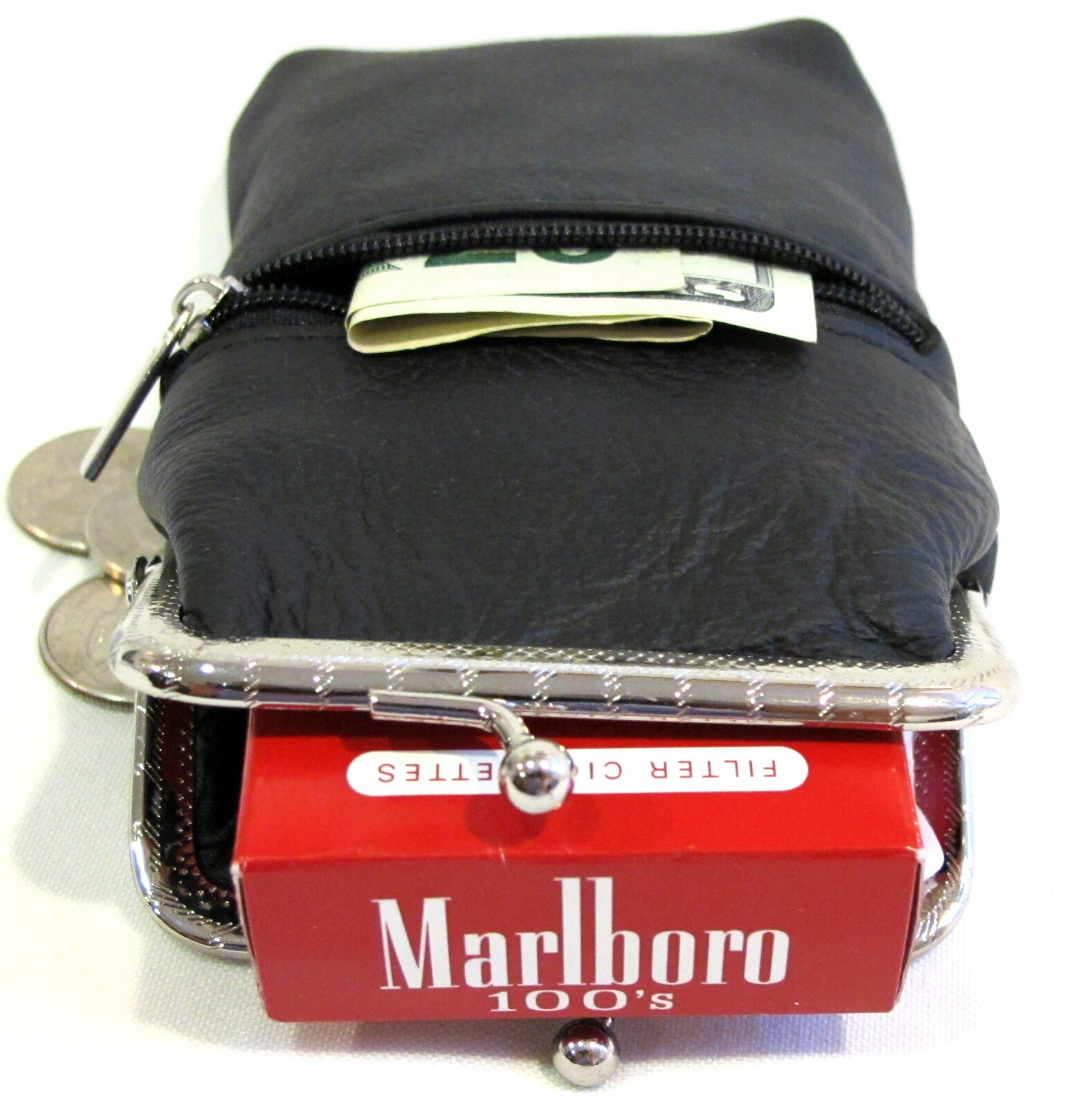 Lady's Pure Leather Cigarette Case Lighter Match Pocket Zipper Coin Pouch- BLACK Lady's Pure Leather Cigarette Case Lighter Match Pocket Zipper Coin Pouch- BLACK