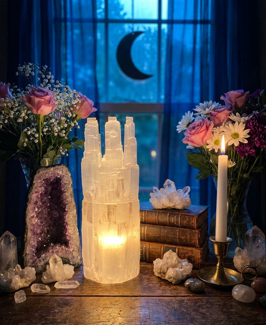 XX-LARGE SELENITE CRYSTAL TRIPLE TOWER LAMP - STANDING DISPLAY HEALING CRYSTAL