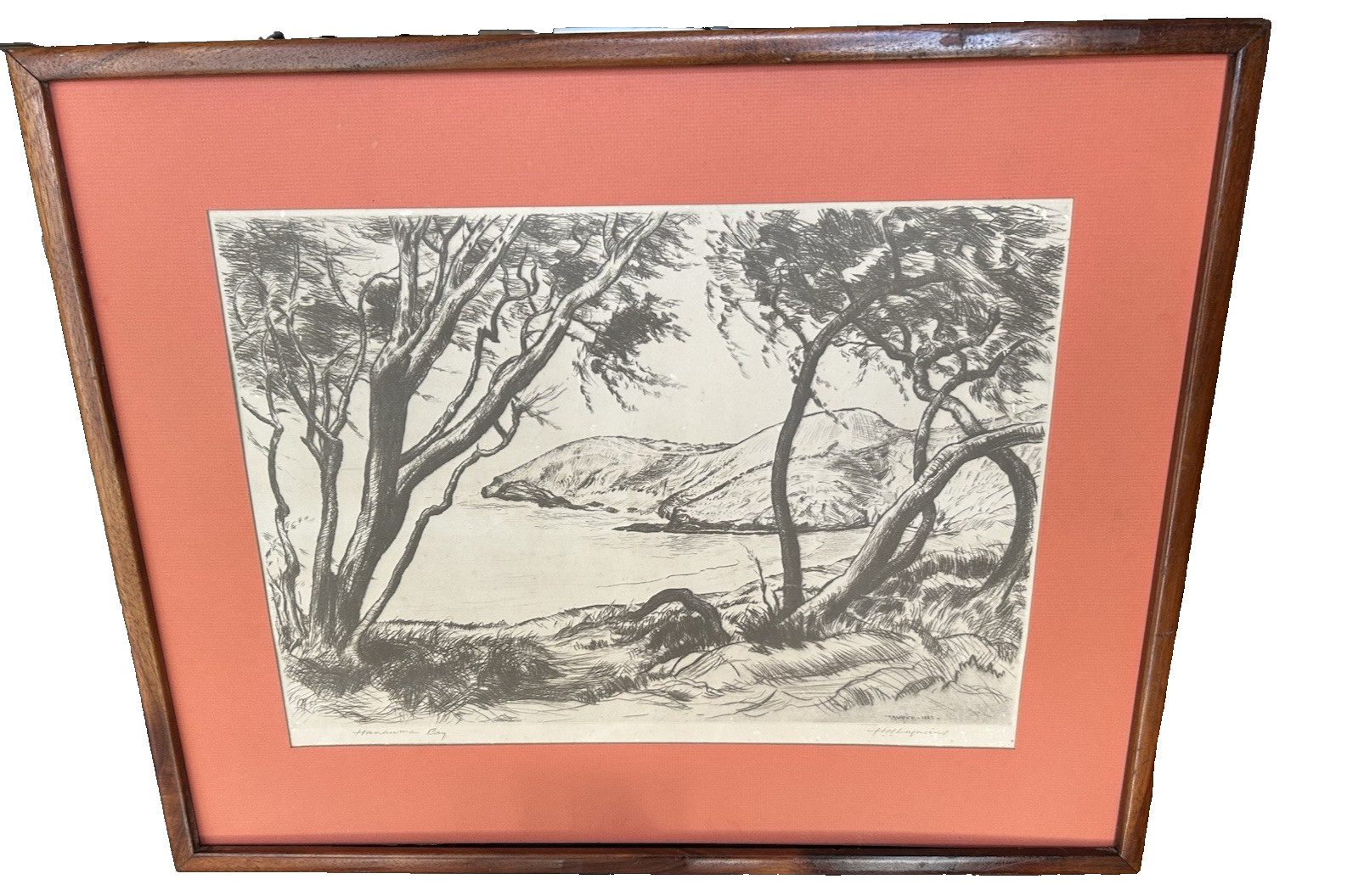 VINTAGE HUC LUQUIENS PRINT \'HANAUMA BAY\' SOLID KOA FRAME 23\