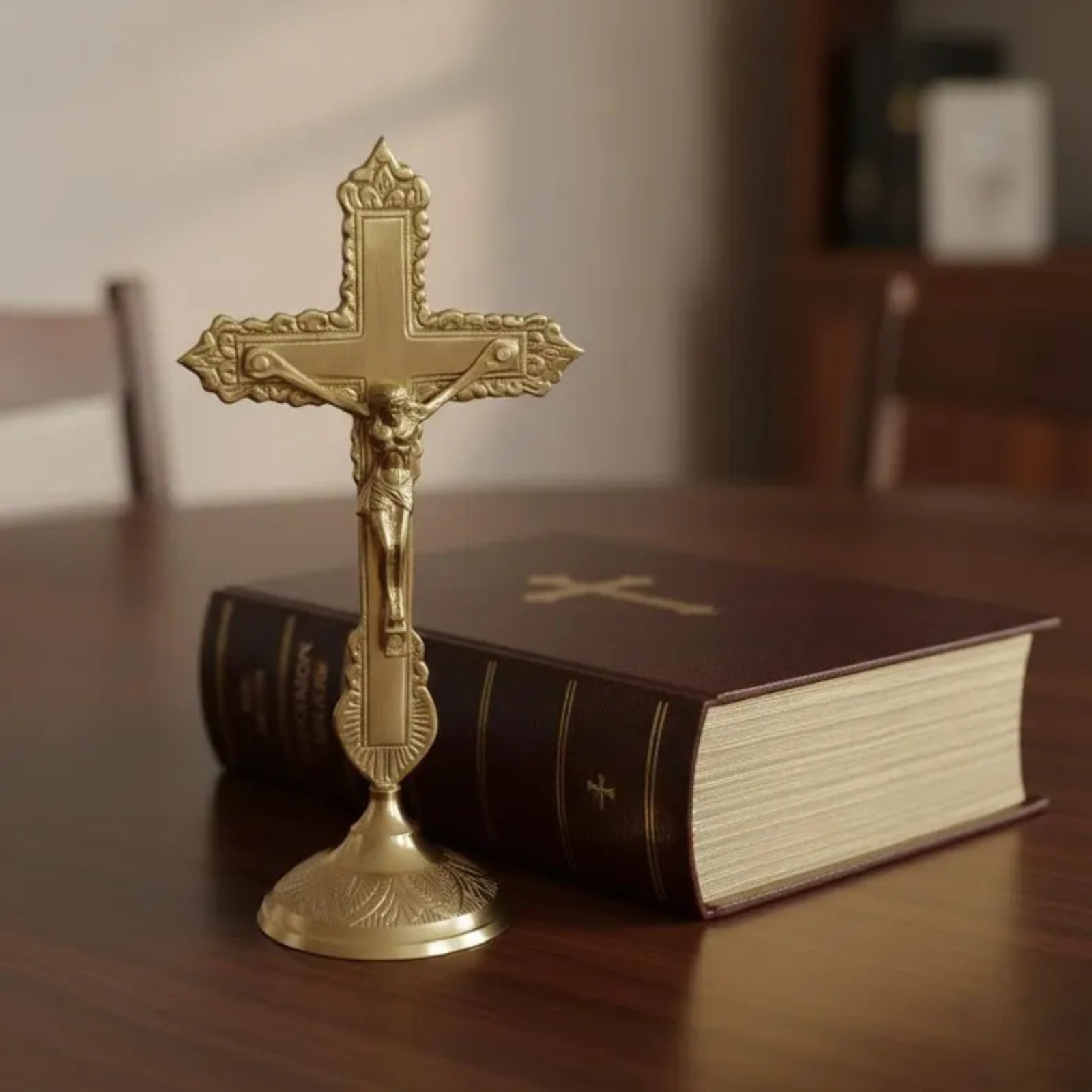 Handcrafted Brass Cross with Stand, Large Crucifix Decor, Antique Gold Finish