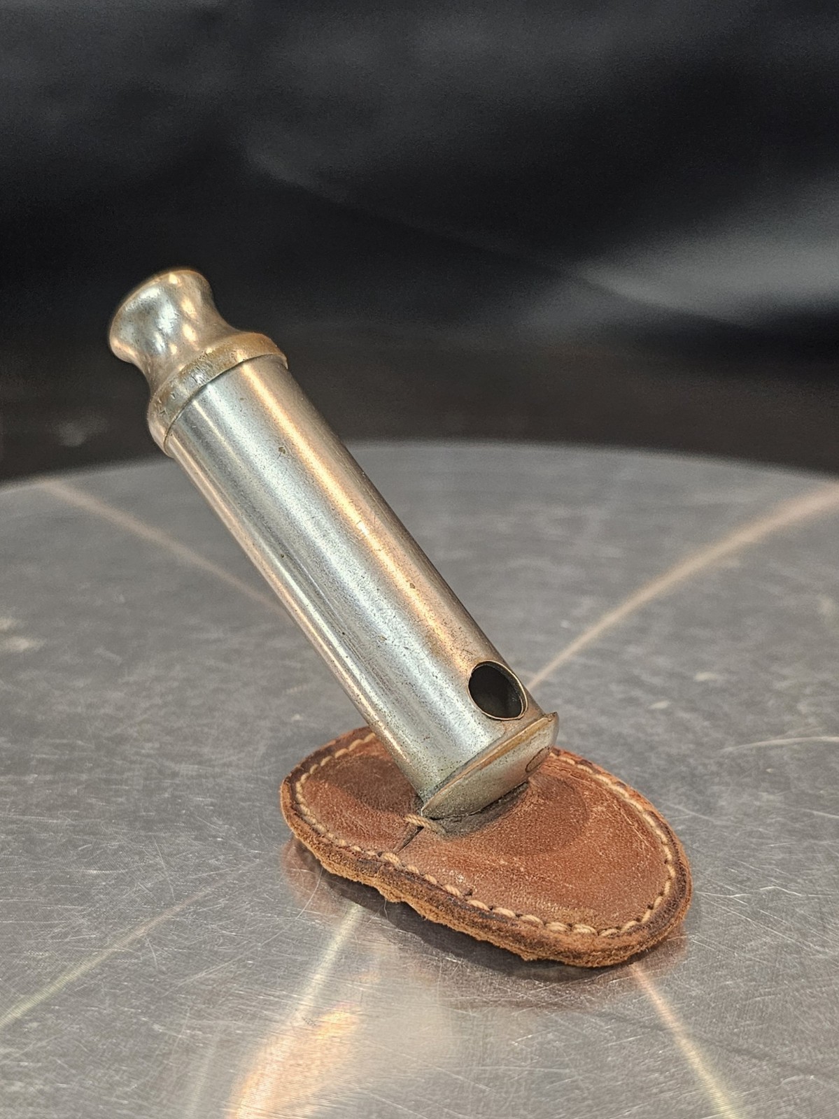 1900s Cylindrical Metal Whistle On A Leather Stan Very Rare