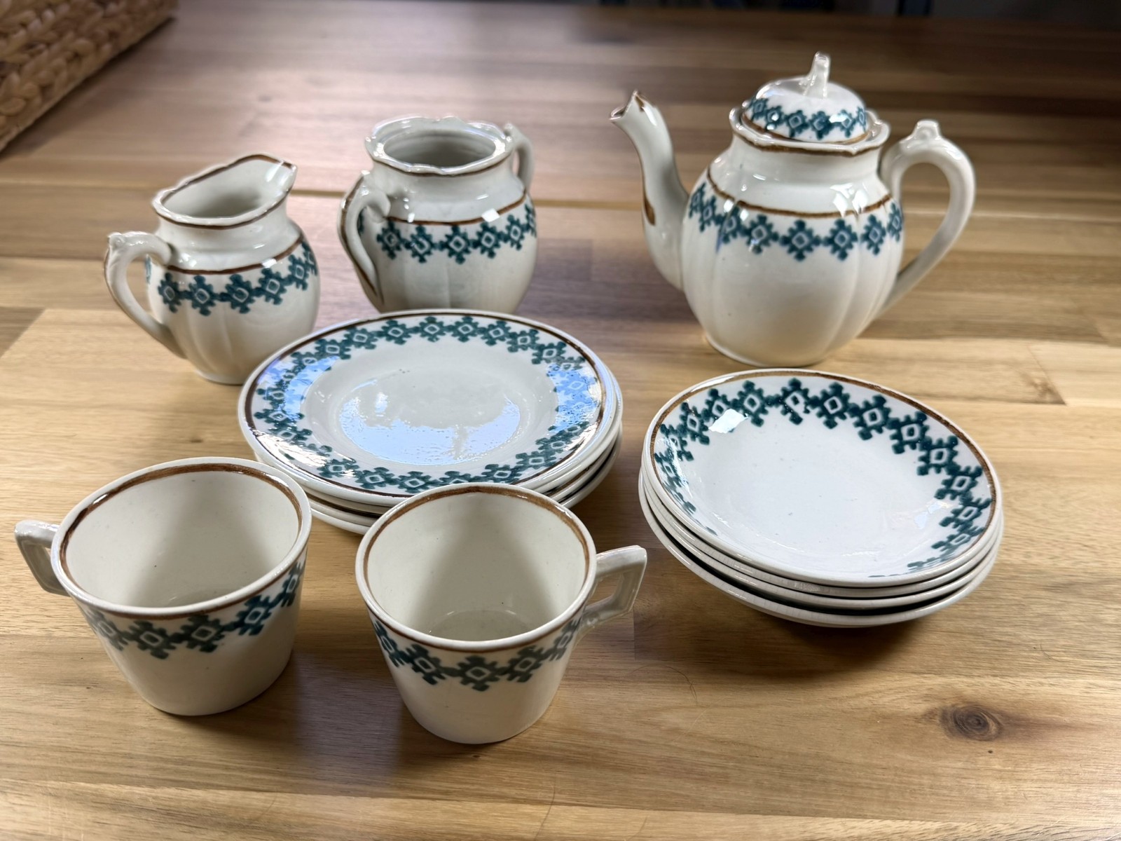 Antique Staffordshire Blue & Brown Stick Spatter 13 Pieces Toy Tea Set