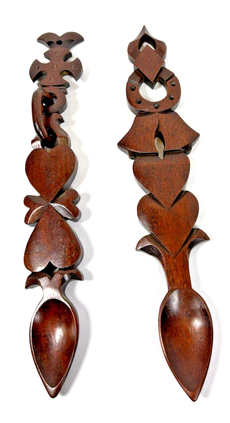 VTG Set Of 2 Traditional Welsh Love Spoons Hand Carved Wood Wedding Gift Hanging