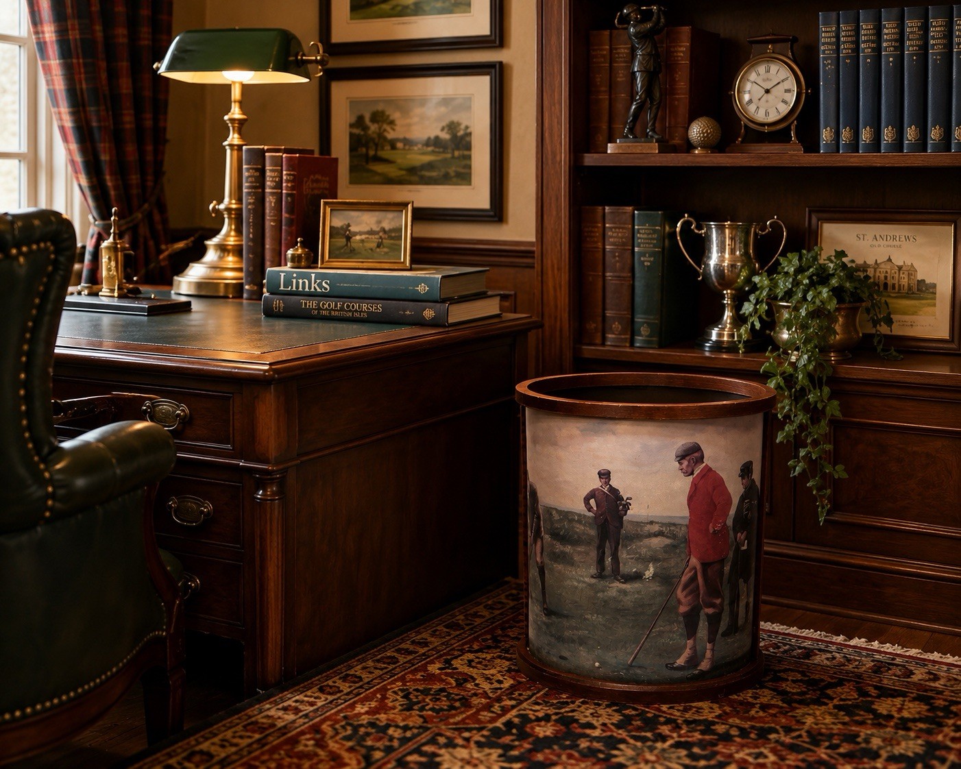 Vintage Golf Scene Wooden Wastebasket Trash Can Mahogany Oval Office Decor