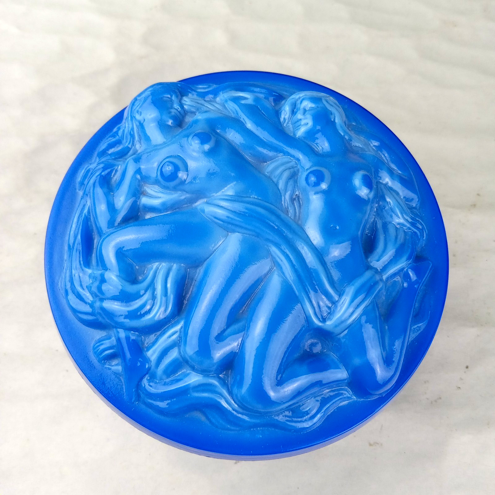 Art Deco Hoffmann Schlevogt Lapis Blue Bohemian Czech Glass Powder Box Nudes