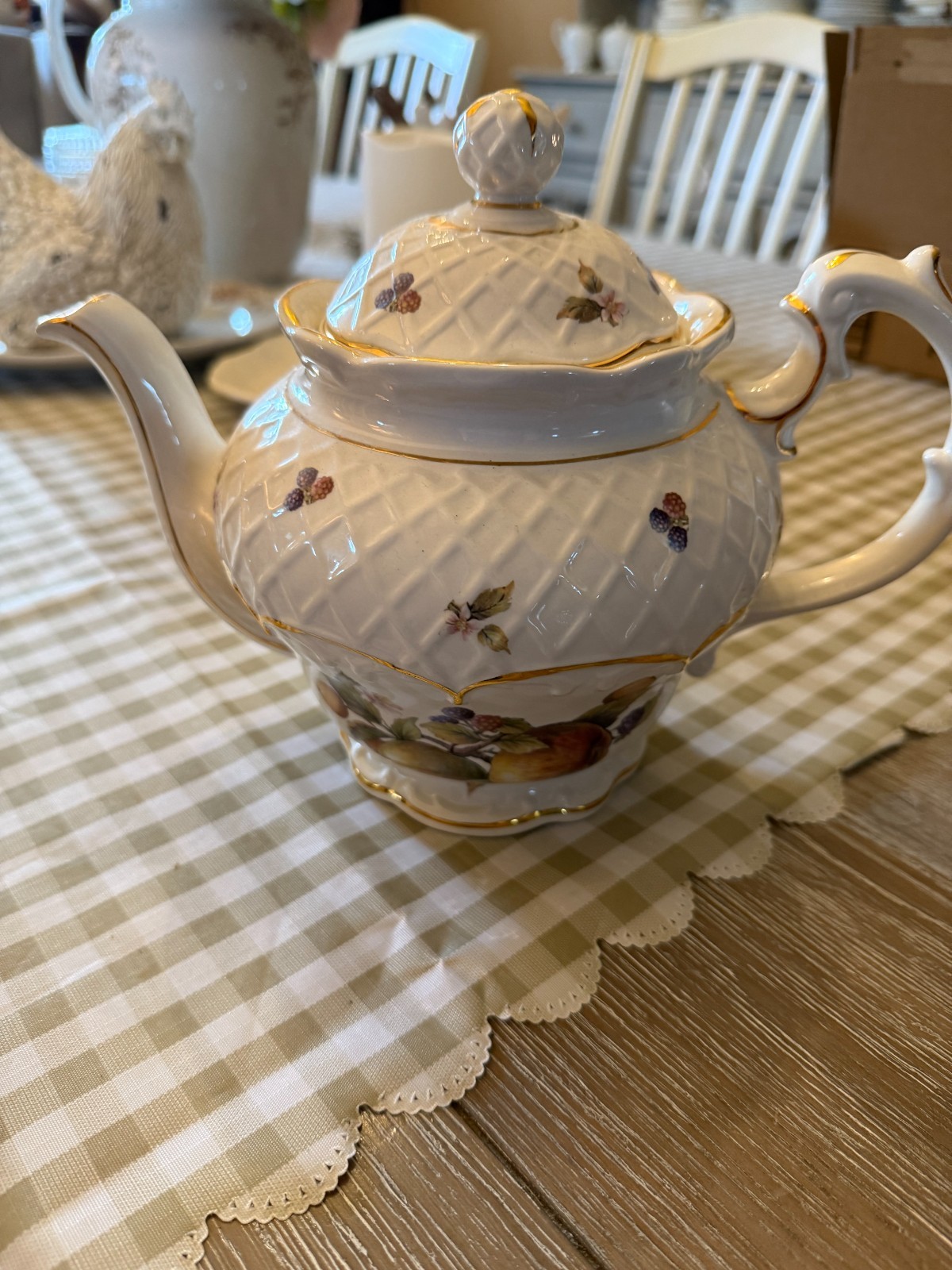 Large White Latticed Teapot - Crown Dorset Staffordshire