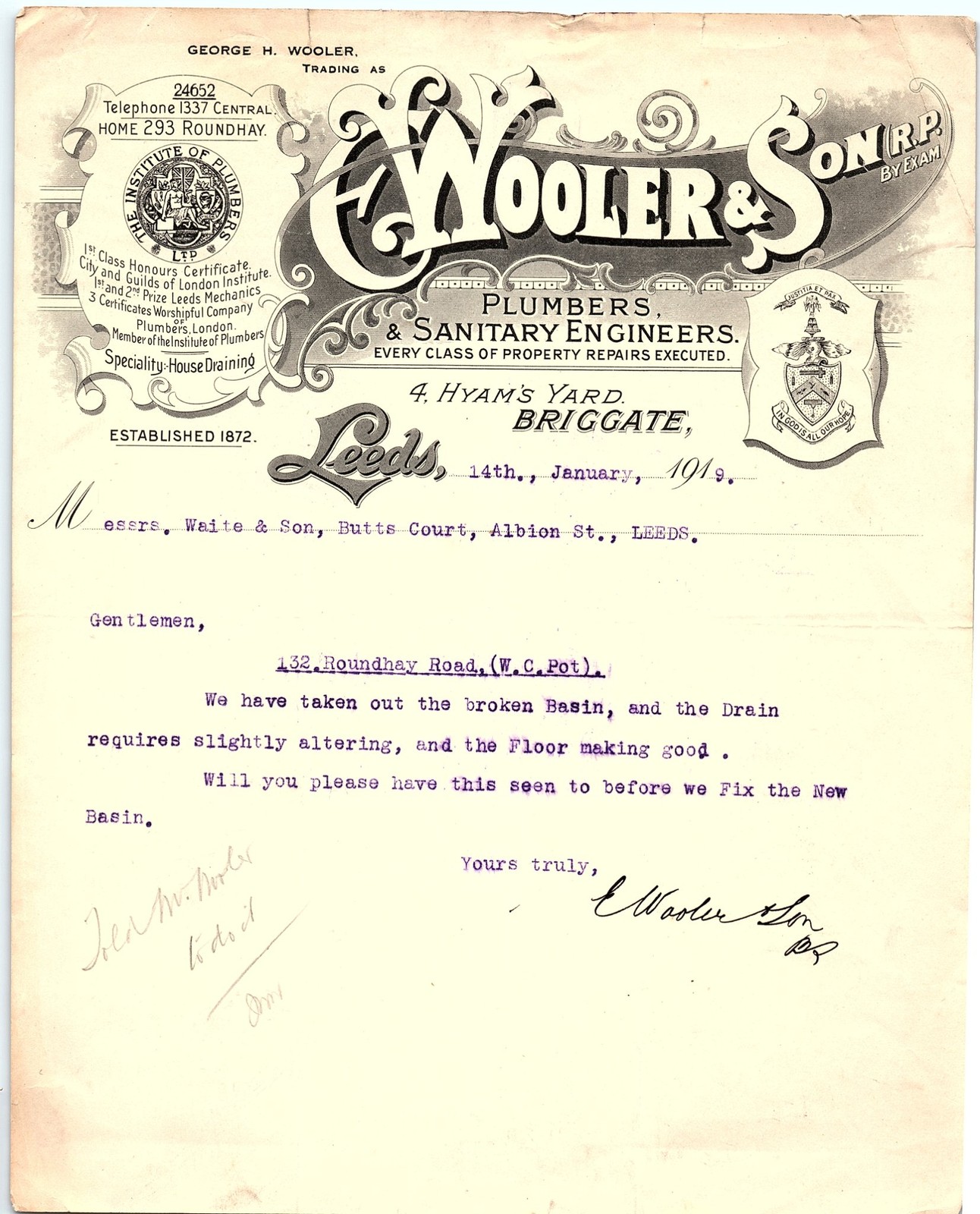 1919 G. H. Wooler & Son, Leeds Plumbers Billhead