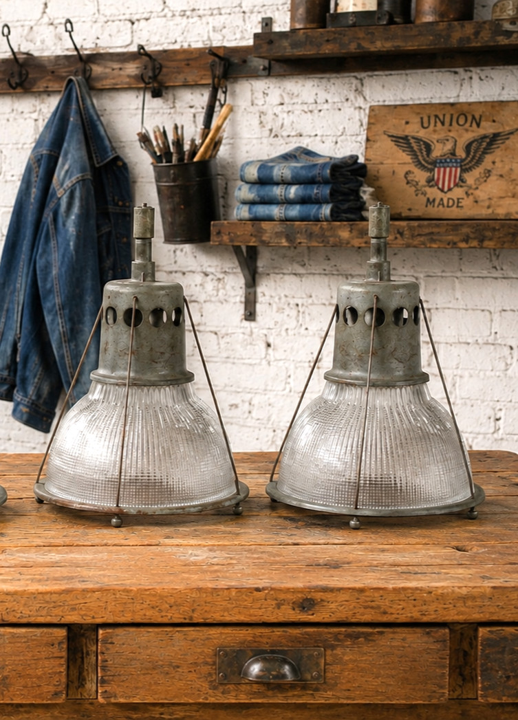 VINTAGE HOLOPHANE INDUSTRIAL FACTORY PENDANT LIGHT RIBBED GLASS LAMP SHADE 2 SET