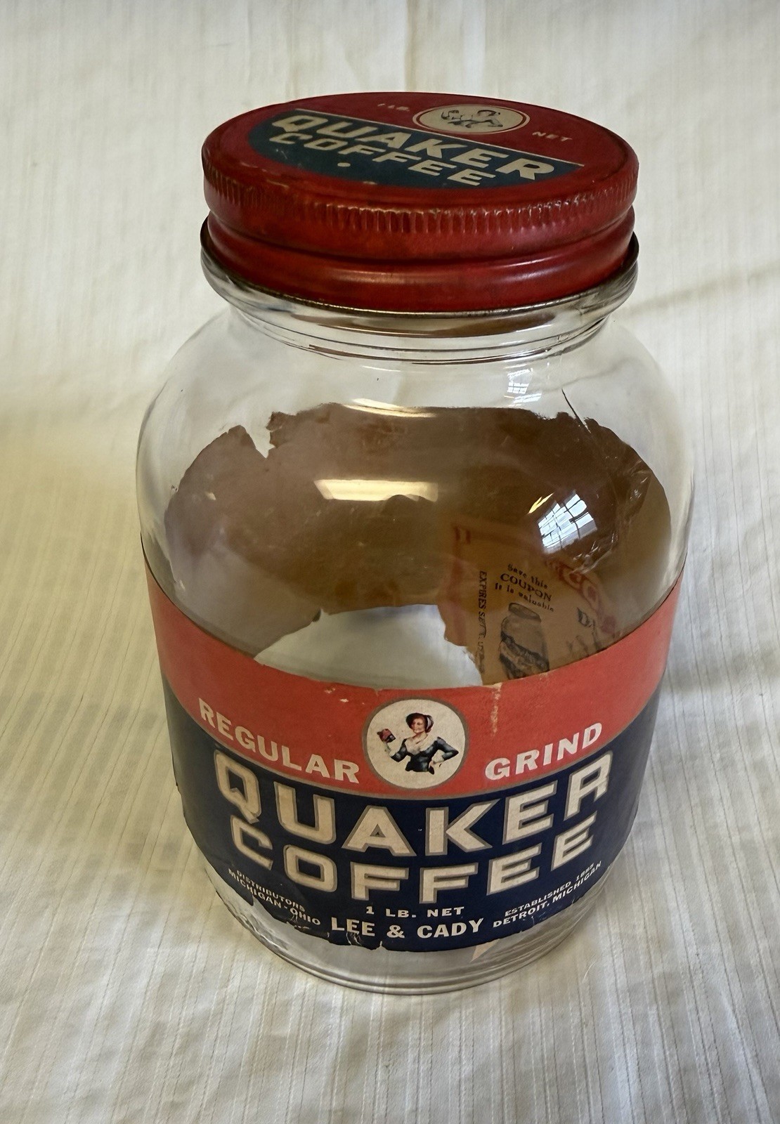 Vintage Quaker Coffee Jar & Lid 1 LB 1940 Detroit Michigan Lee & Cady Label