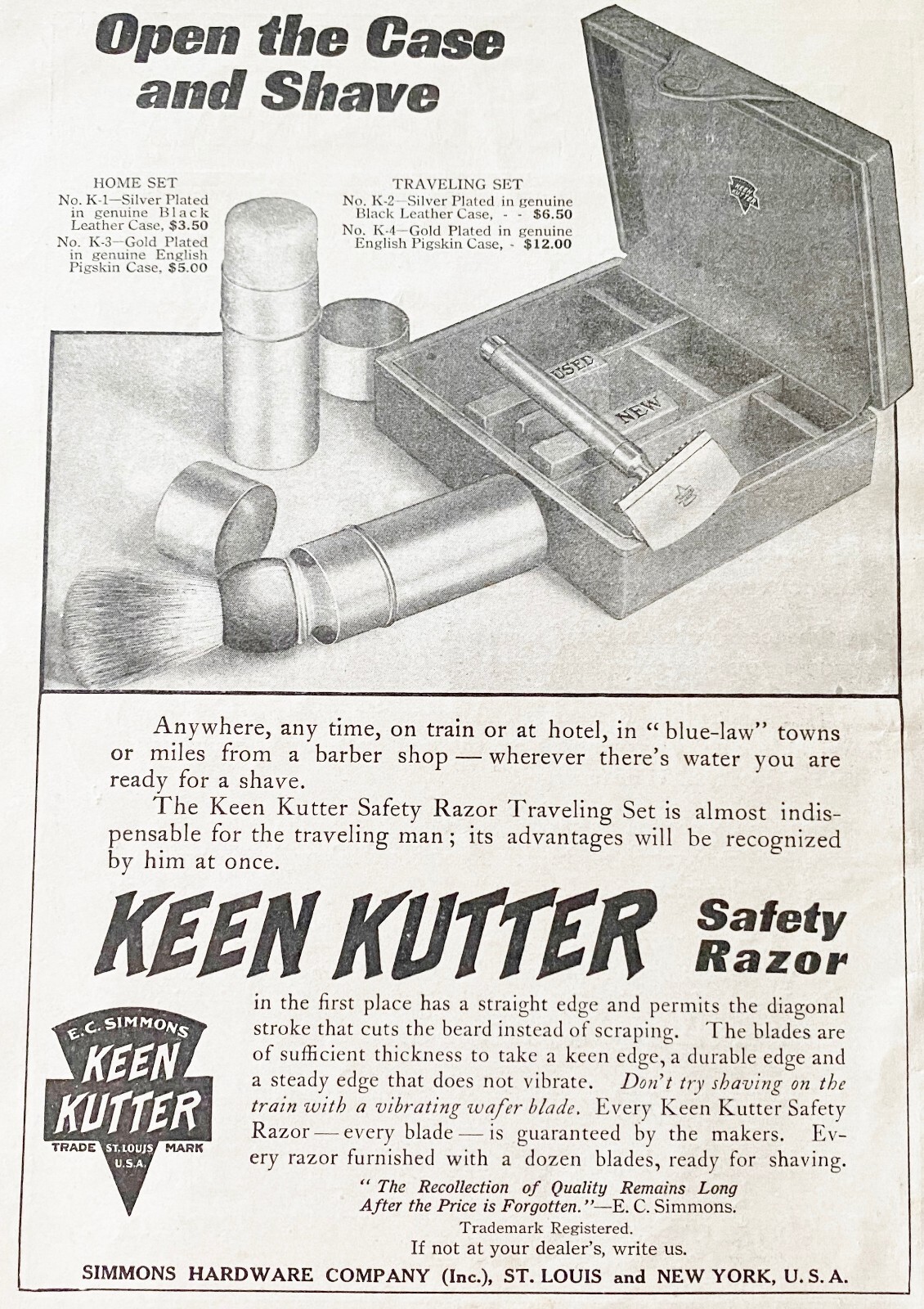 1910 KEEN KUTTER Safety Razor Shaving Kit Print Ad~E.C. Simmons Hardware+US Navy