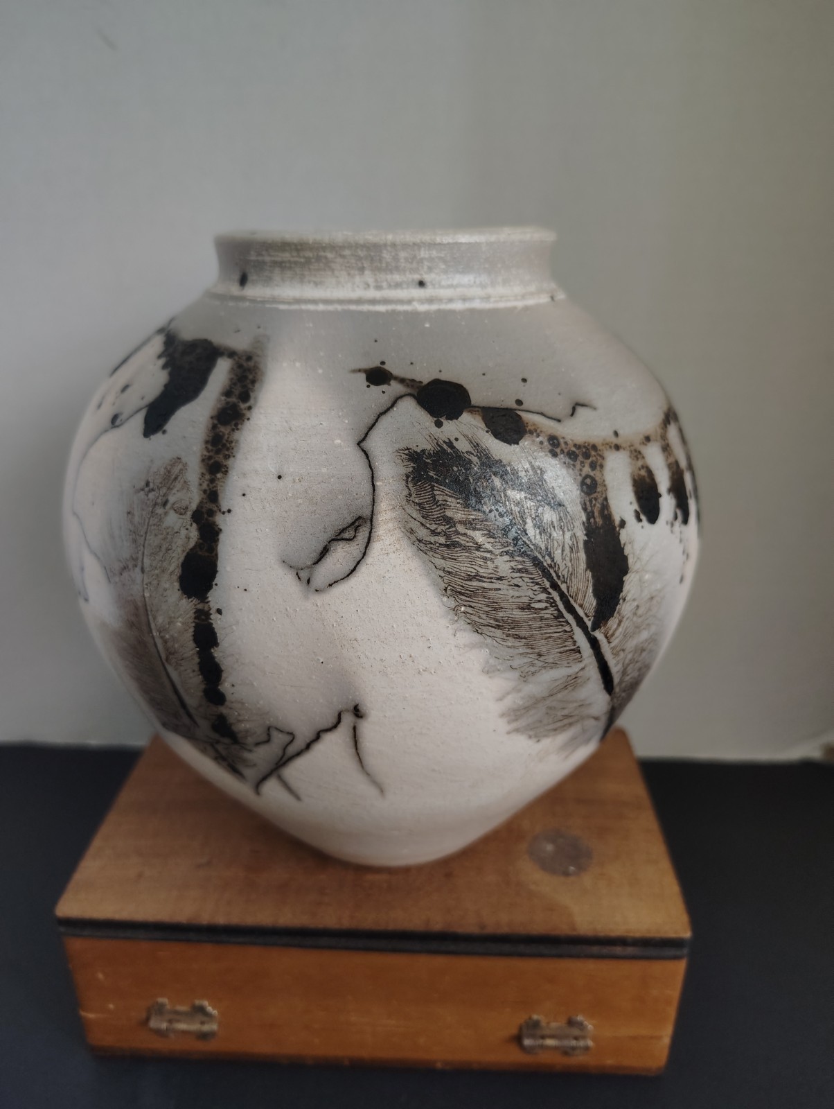 Horsehair and Feather Wheel Thrown Ceramic Raku Vase -Signed 7