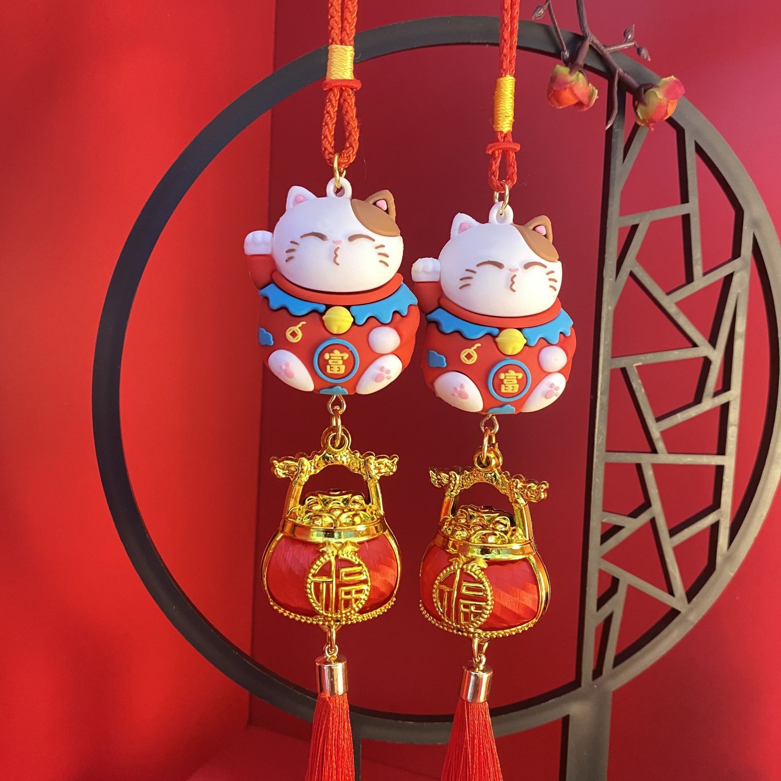 New Lucky Cat Hanging Ornament Cartoon Chinese Style Zodiac Charm Home Decor 2pc