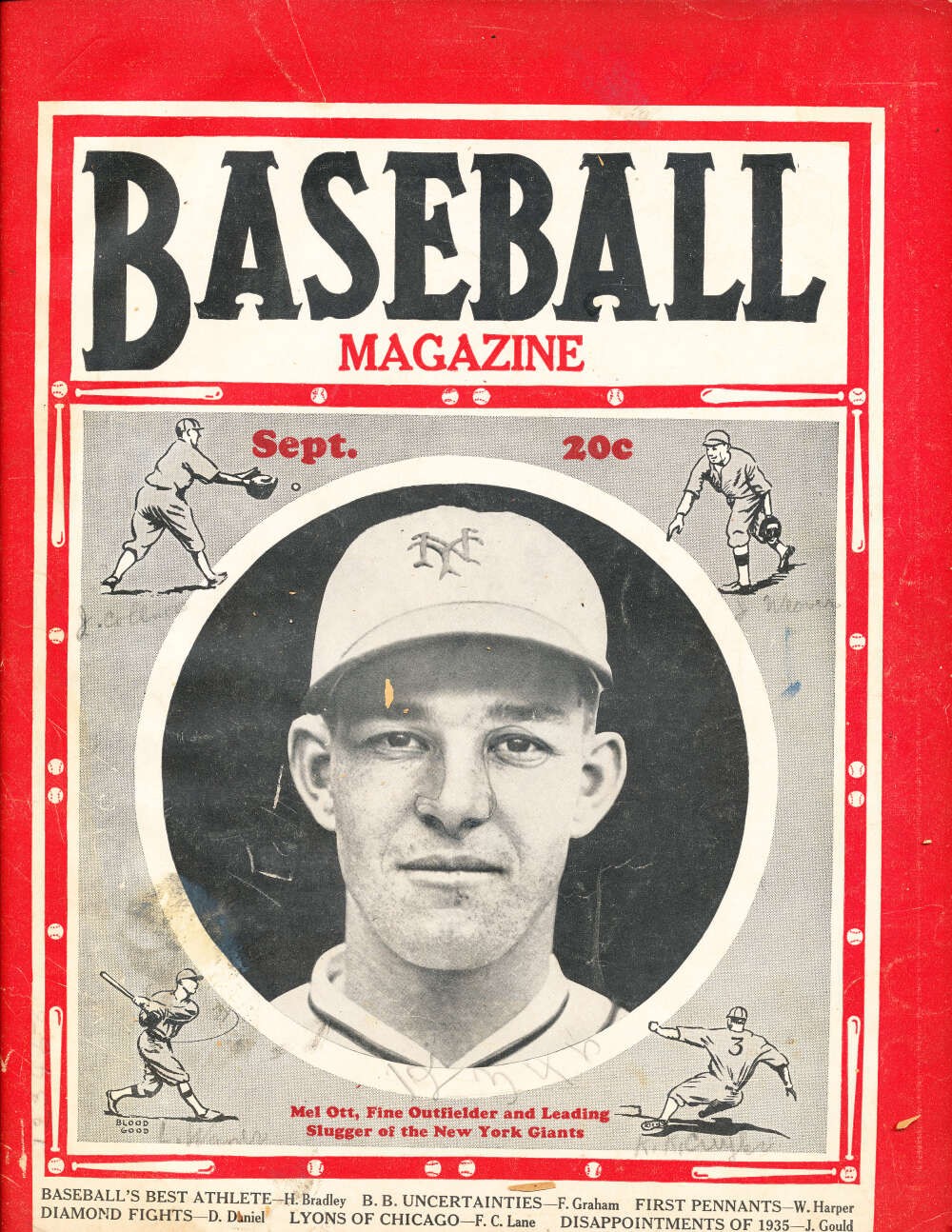 September 1935 Baseball Magazine Mel Ott Giants spine separated