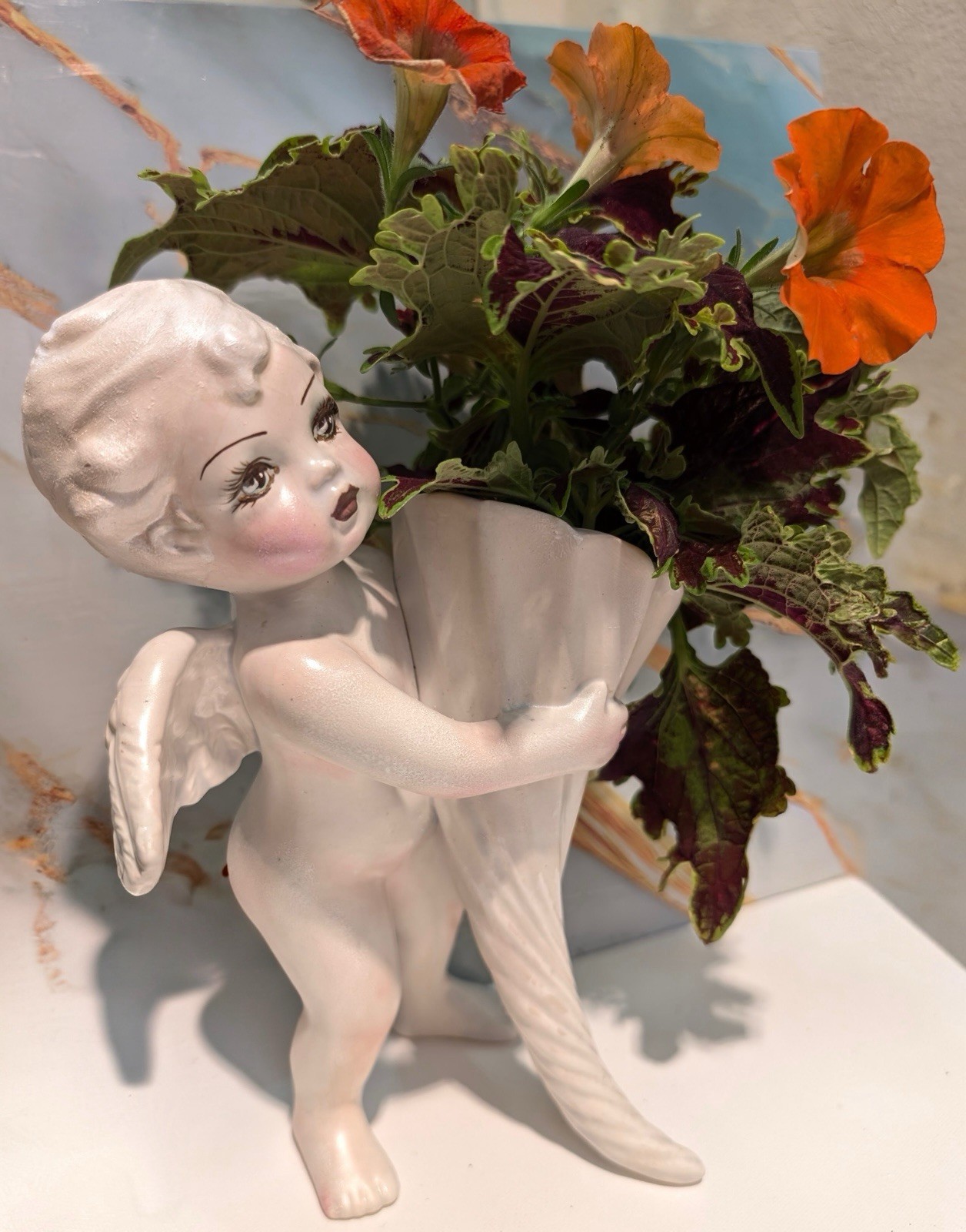 1920s Antique Hand-Painted Bisque Cherub Angel Vase - Professionally restored.