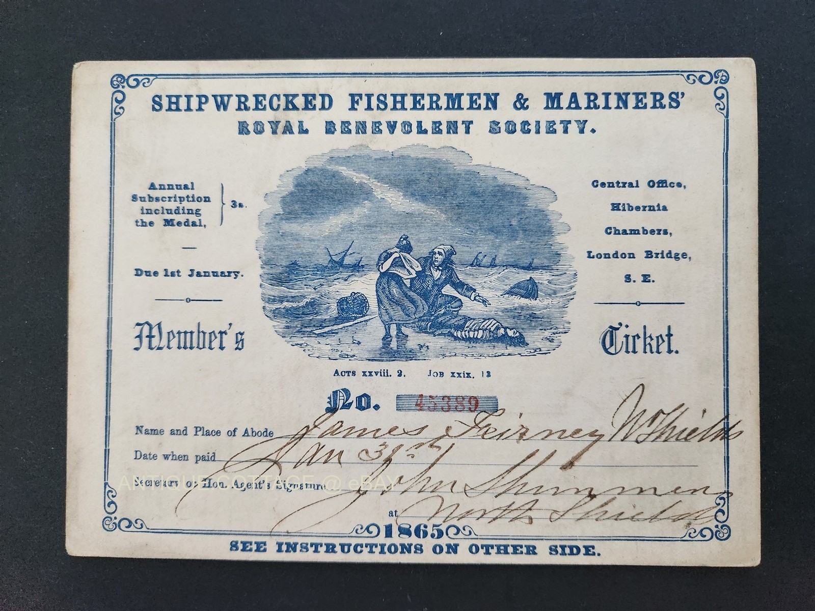 1865 antique SHIPWRECKED FISHERMEN & MARINERS’ SOCIETY benevolent MEMBER TICKET