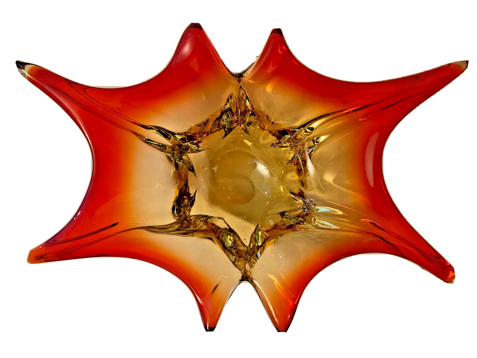 Mid Century Amberina Art Glass Star Bowl Red Amber MCM Centerpiece Dish
