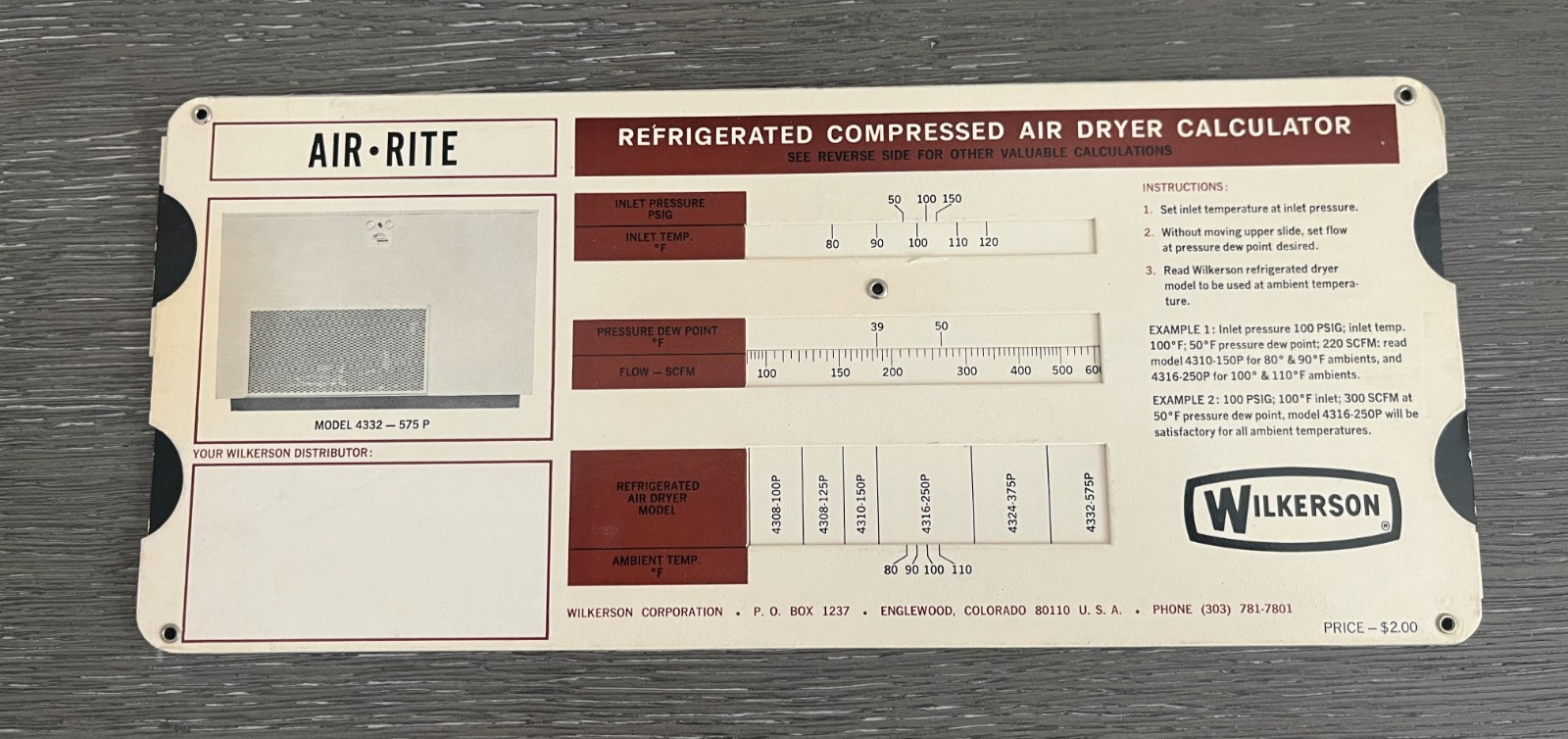Vintage Wilkerson Air Rite Refrigerated Compressed Air Dryer Slide Rule Calc