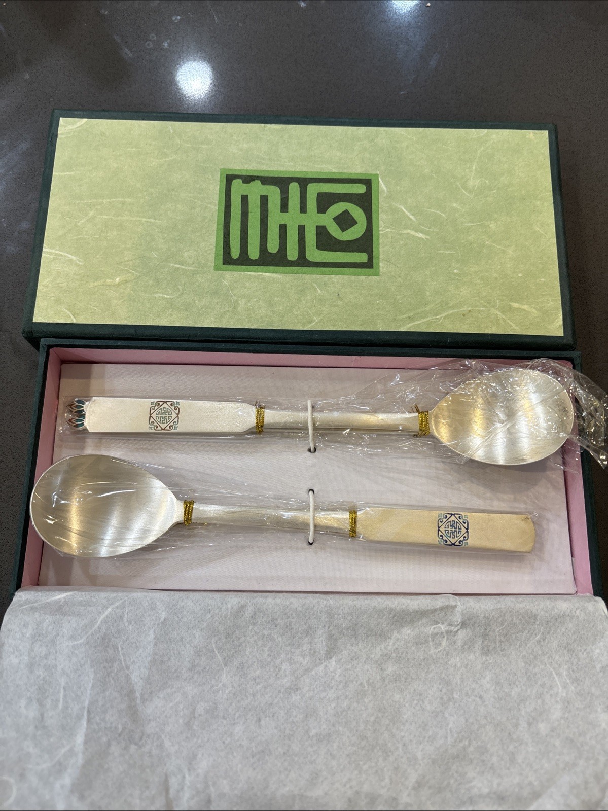 Korean Fine AG800 Silver Chopsticks and Spoon Boxed Set of Two Settings Wrapped
