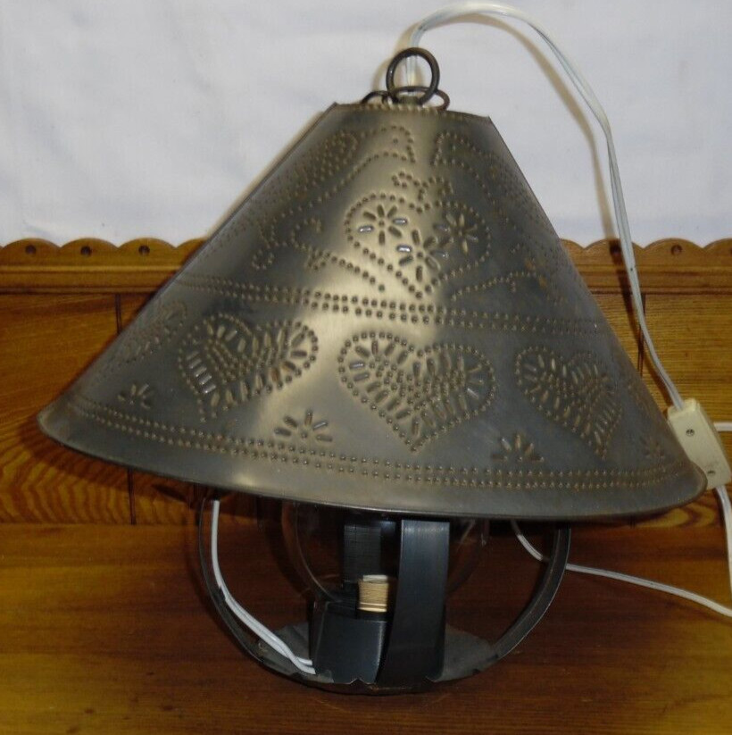 Vintage Electric Tin Punch Hanging Light w/ Princess House Glass Chimney