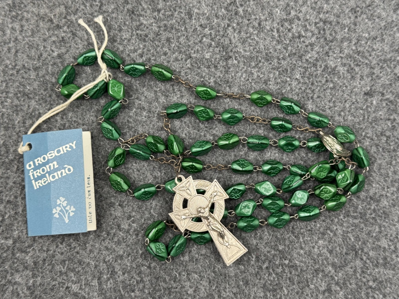 Irish Catholic Rosary Green Shamrock Beads Ave Maria Celtic Cross Hand Made