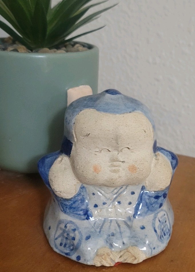 Vtg Signed Fukusuke doll a traditional Japanese lucky Charm Handmade 3 1/2