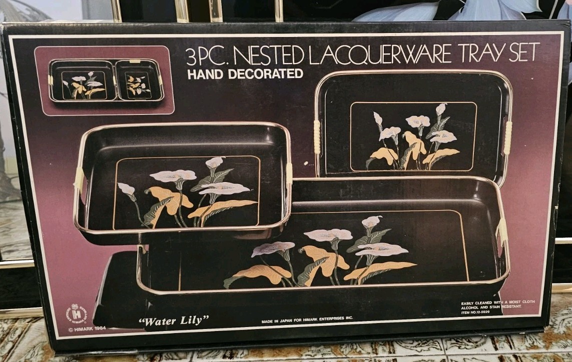 Himark 3PC Lacquerware Serving Tray Set Water Lily Floral Hand Decorated 1984